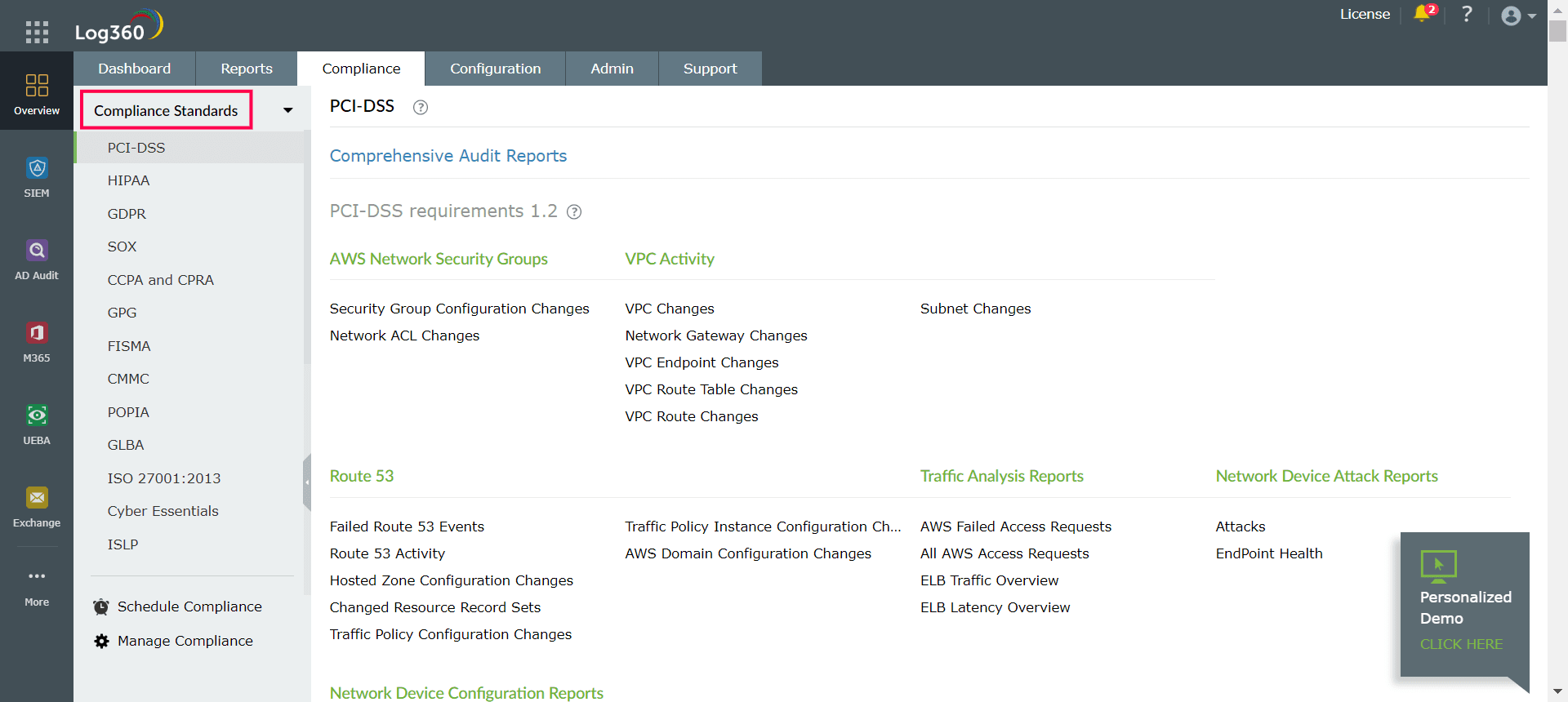 Log360 offering comprehensive audit reports for various compliance standards
