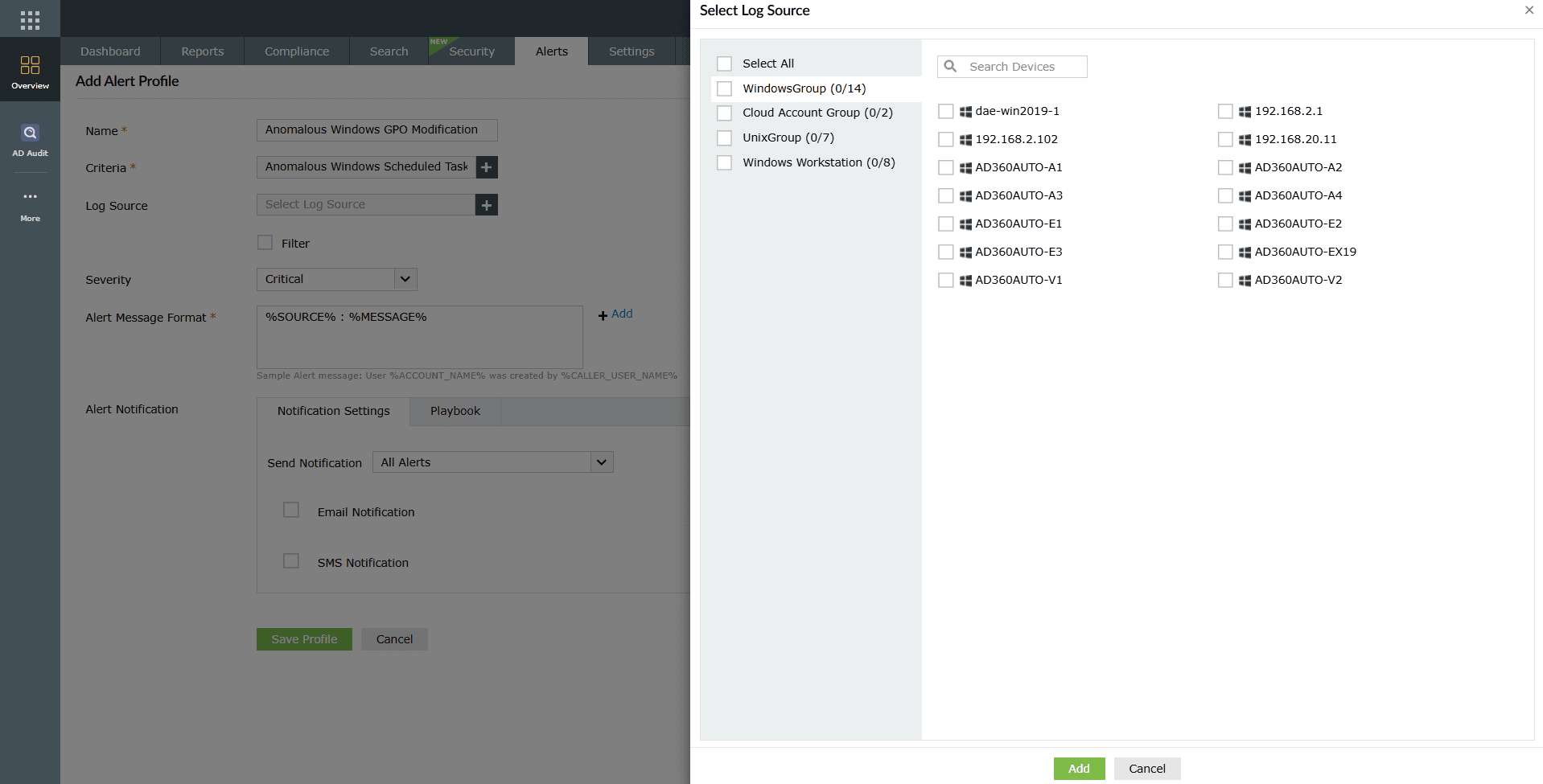 Log source configuration