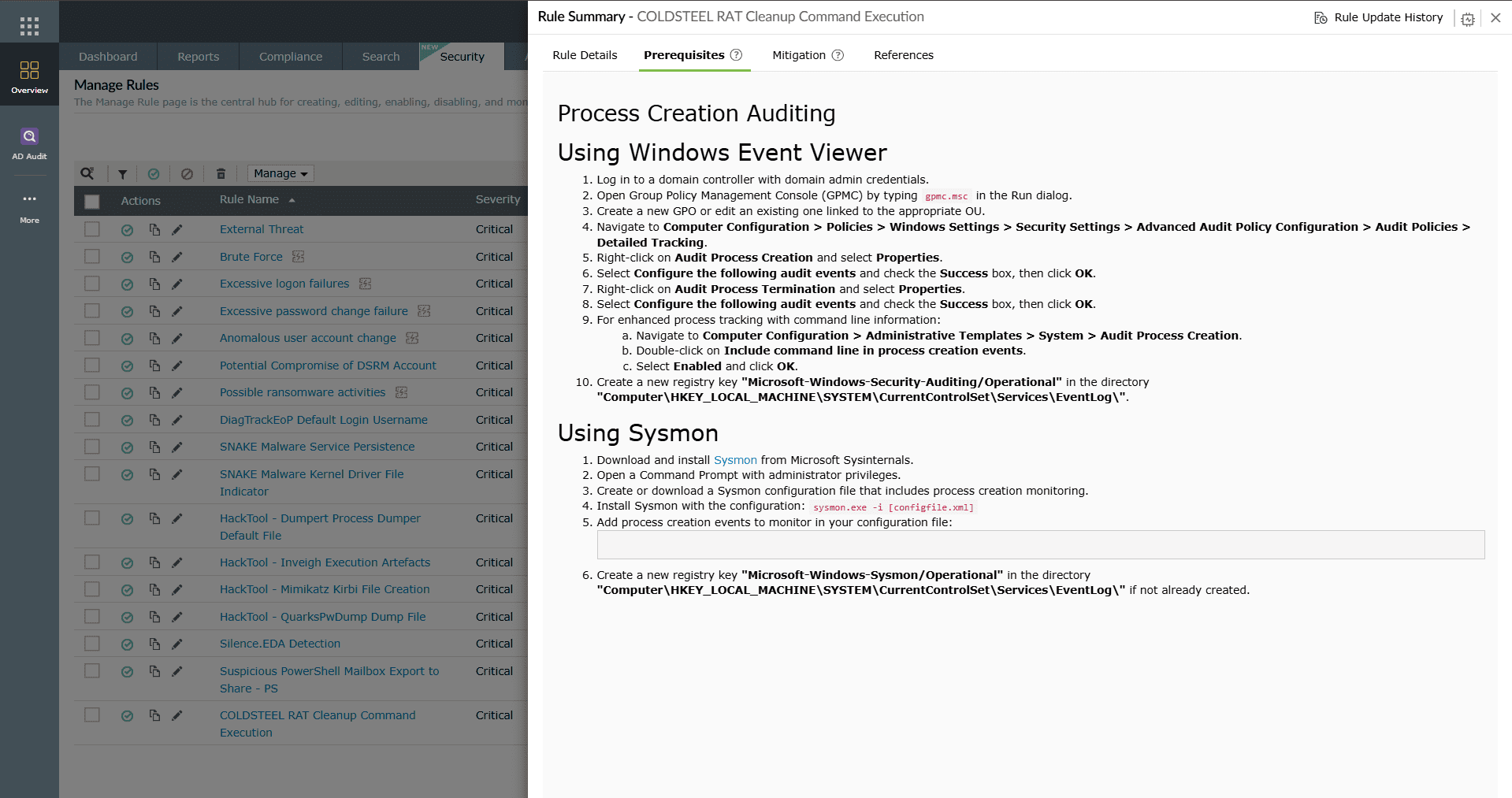 Rule prerequisites in the manage rules module
