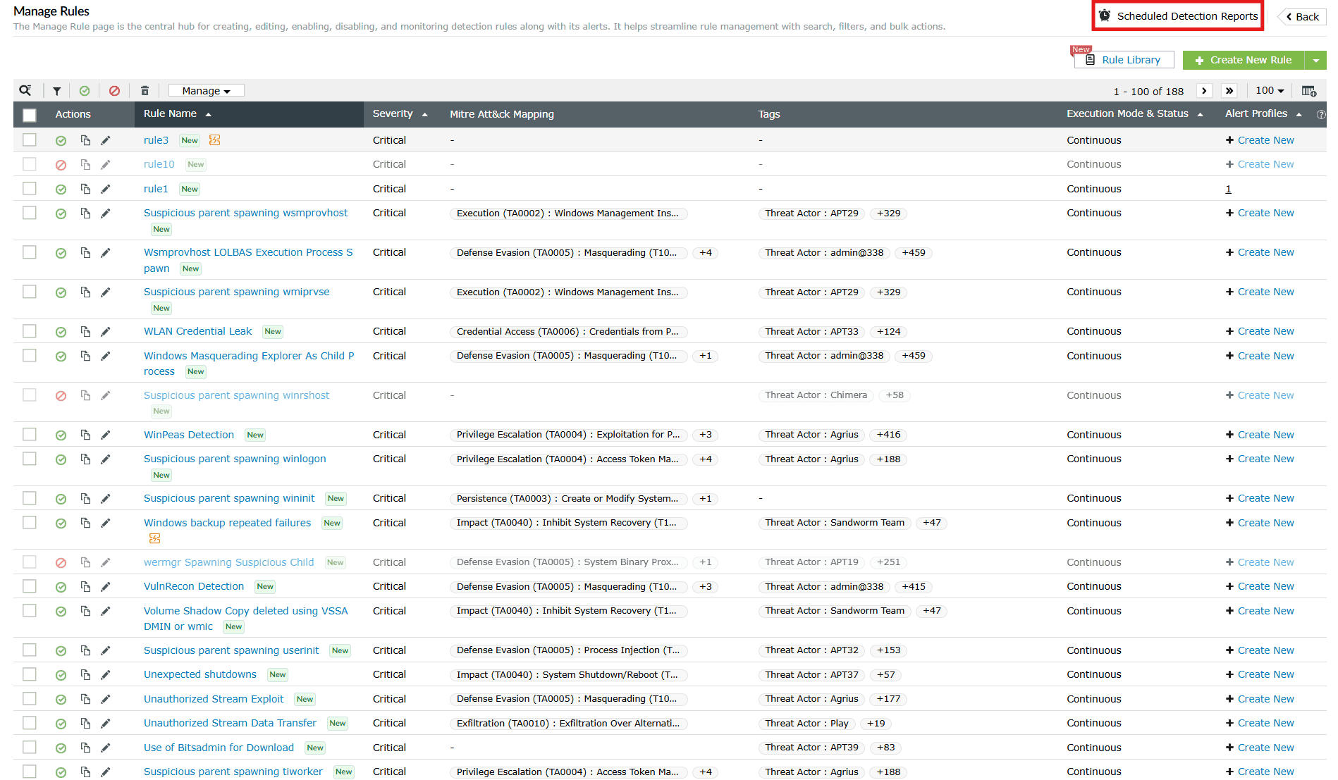 Scheduled reports in the manage rules module