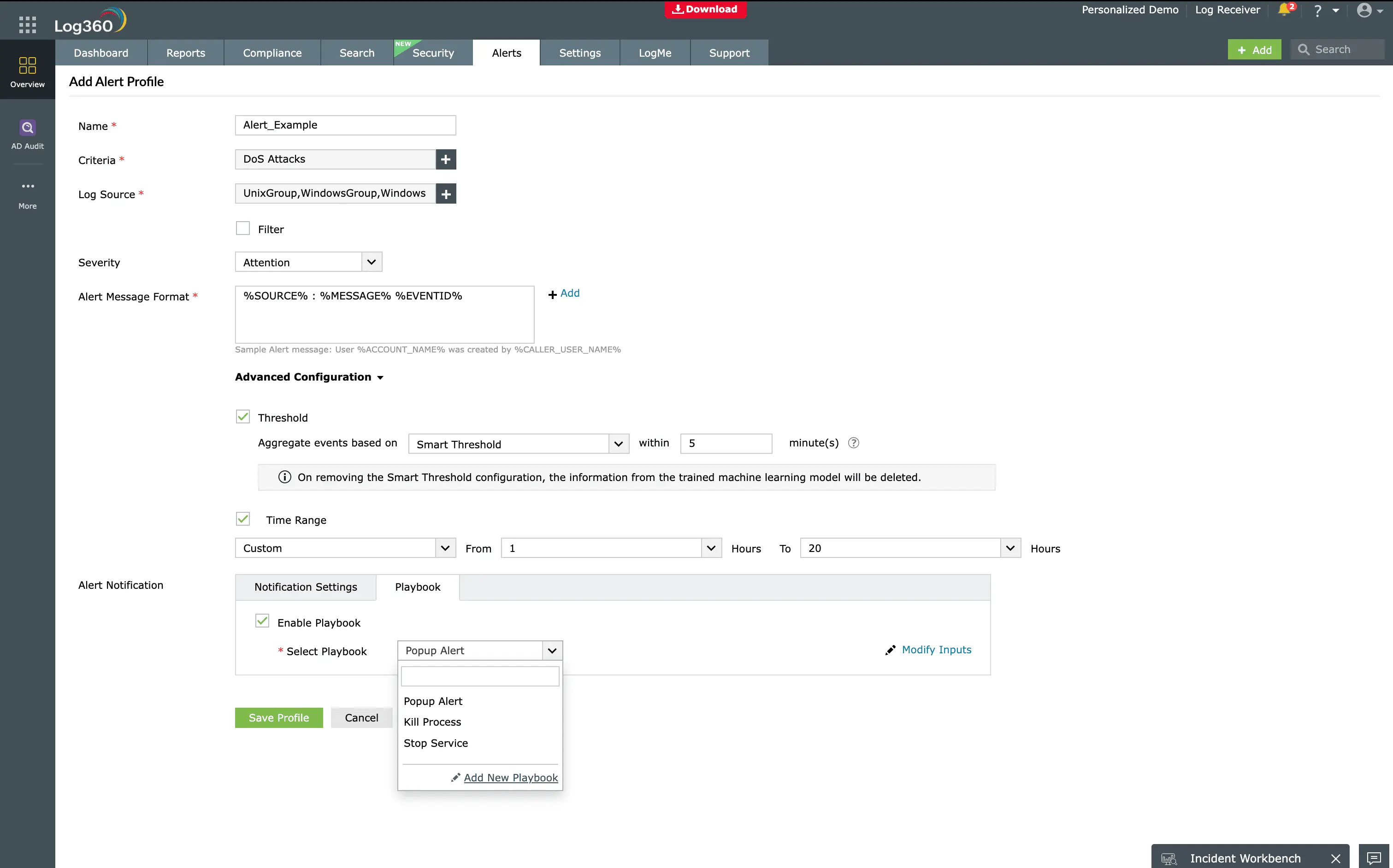 Run playbooks from alert profile