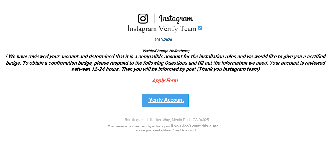 Instagram phishing scam targets instagram users by offering verified badge