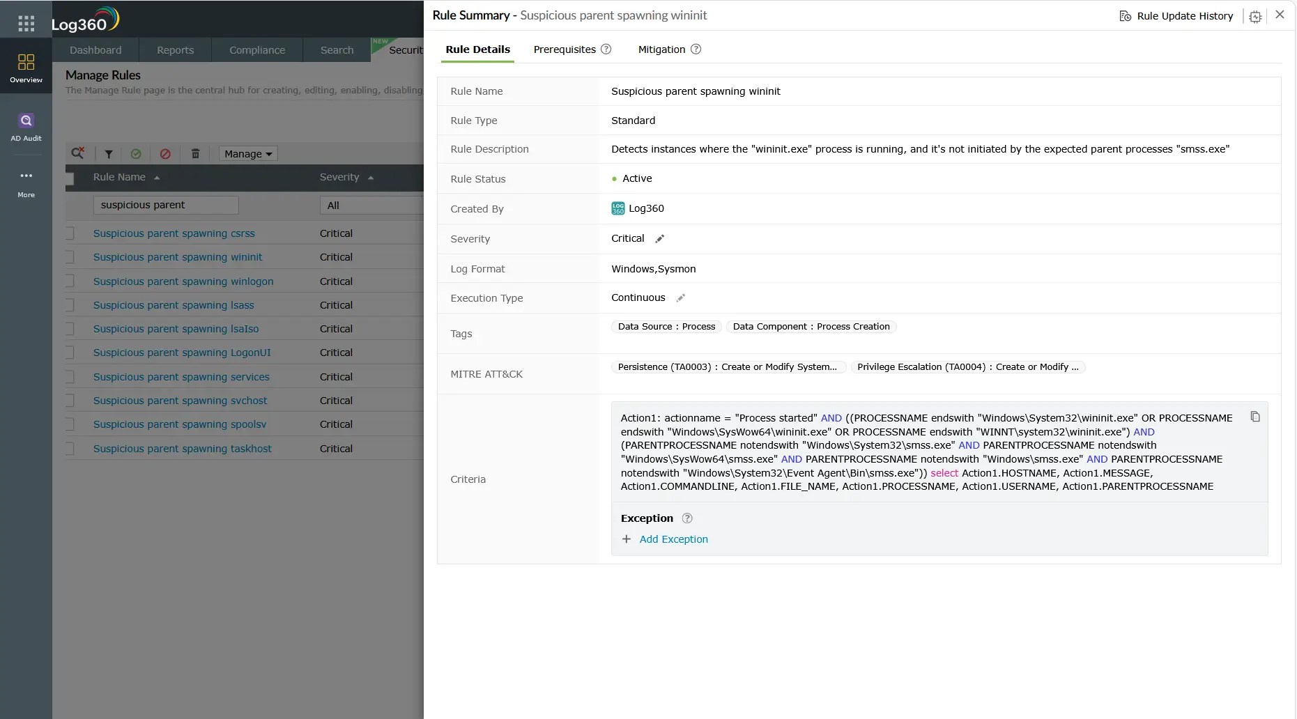 Log360 Manage Rules interface showing a list of Critical-severity 'suspicious parent' detection rules (csrss, wininit, winlogon, lsass, services, and others), with the Rule Summary panel open for 'Suspicious parent spawning wininit' displaying severity Critical, Active status, Windows and Sysmon log formats, MITRE ATT&CK mappings to TA0003 and TA0004, and the correlation criteria checking that wininit.exe is not spawned by smss.exe.