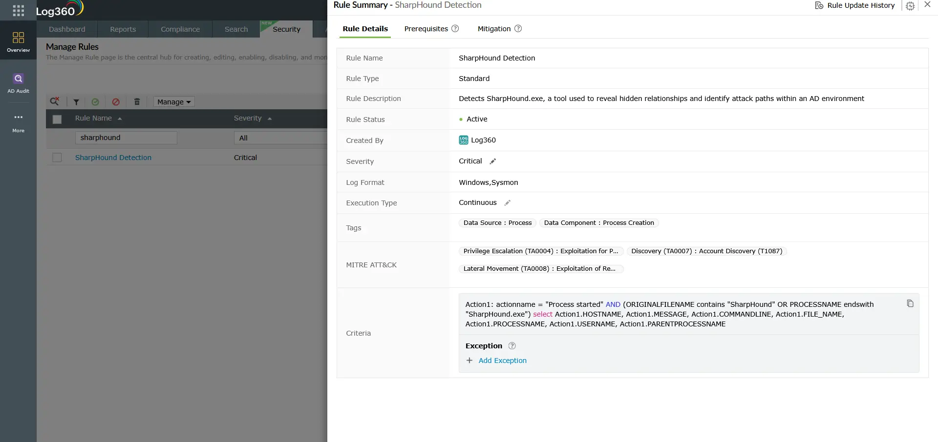 Log360 Rule Summary panel showing the SharpHound Detection rule configured for lateral movement (T1210 Exploitation of Remote Services). The rule targets Windows and Sysmon log formats, runs continuously at Critical severity, and fires when a process named SharpHound.exe or containing 'SharpHound' in its original filename is started &mdash; mapping to MITRE ATT&CK Lateral Movement (TA0008), Privilege Escalation (TA0004), and Discovery (TA0007).