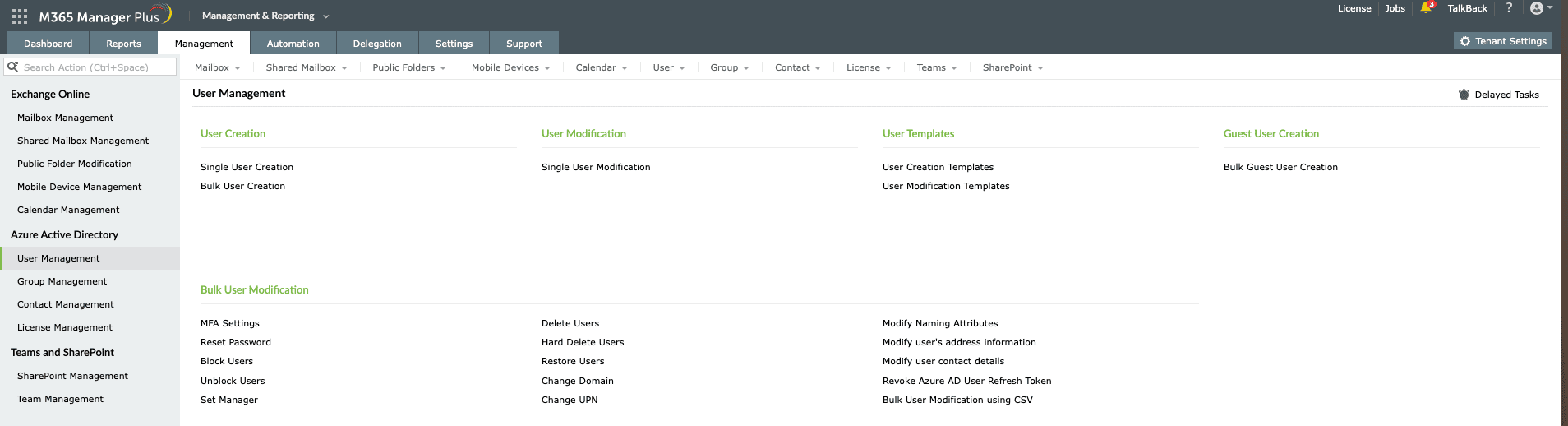 The M365 Manager Plus management console showing bulk user modification tasks like password resets and revoking user refresh tokens.