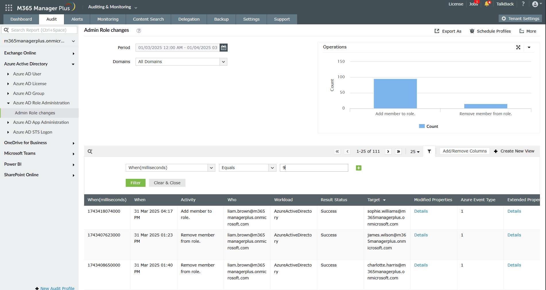 Advanced audit filtering options in M365 Manager Plus for Microsoft Entra ID.
