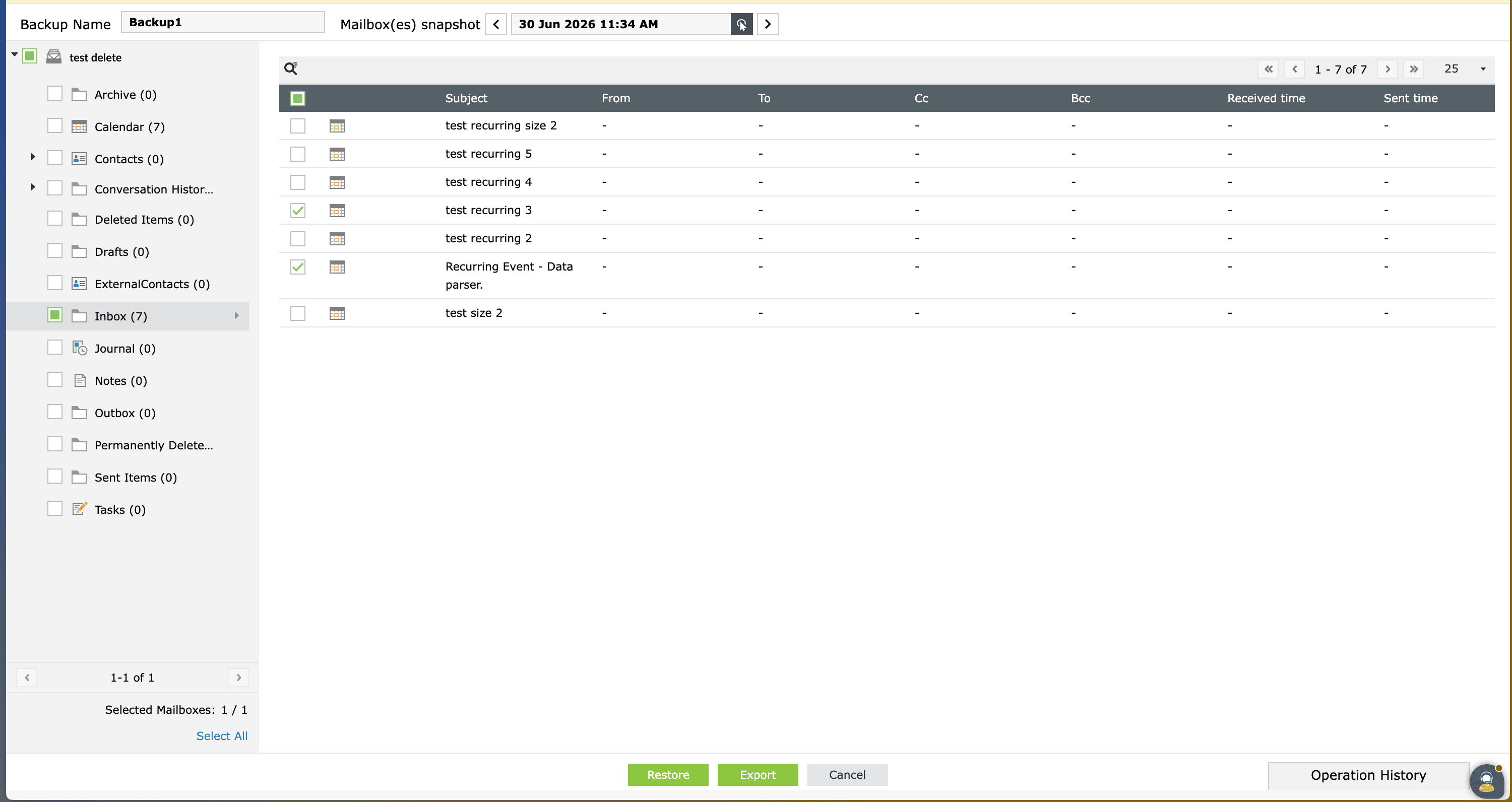 The Restore tab displaying individual objects to revert so that only the required objects are changed and other objects remain unaffected