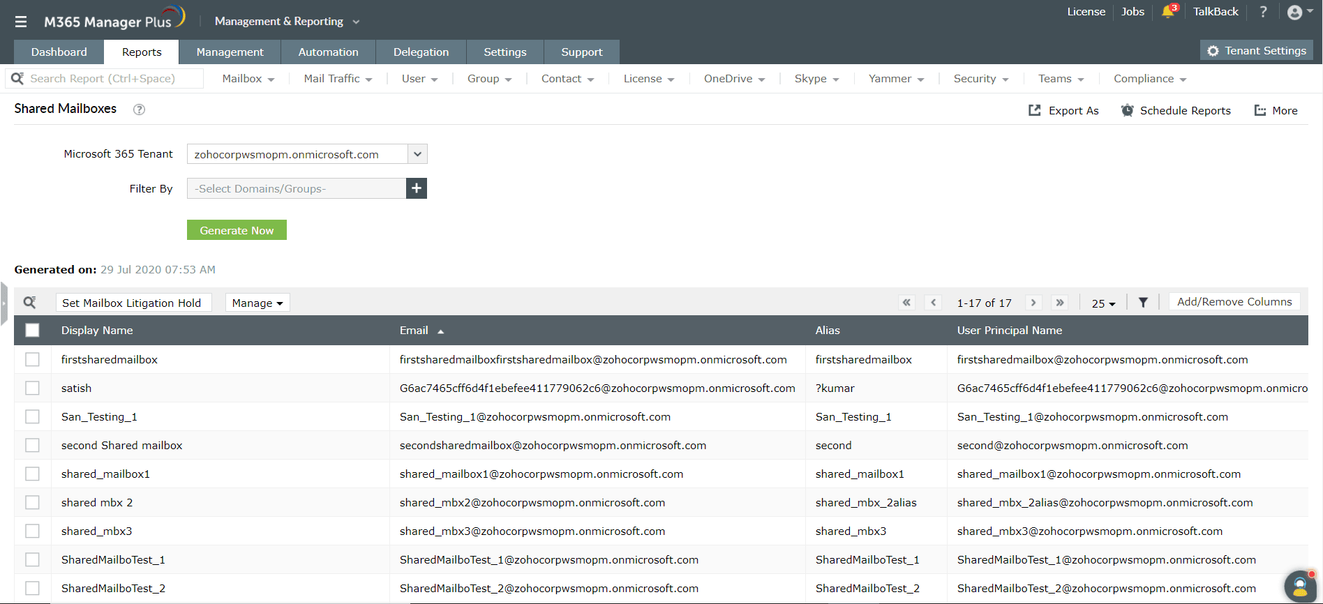 The M365 Manager Plus Shared Mailboxes report displays a list of mailboxes with display names, email addresses, and specific alias details.