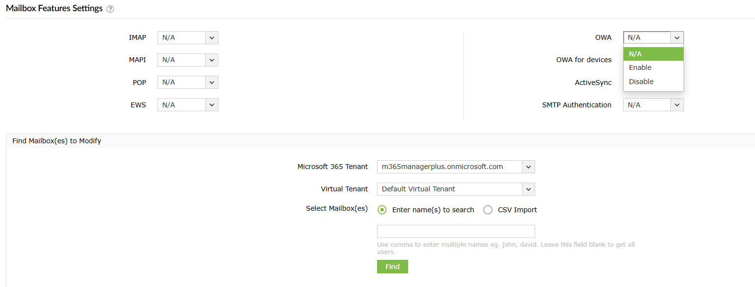 The M365 Manager Plus 'Mailbox Features Settings' page, showing the OWA option to enable or disable Outlook on the web for Exchange Online mailboxes.