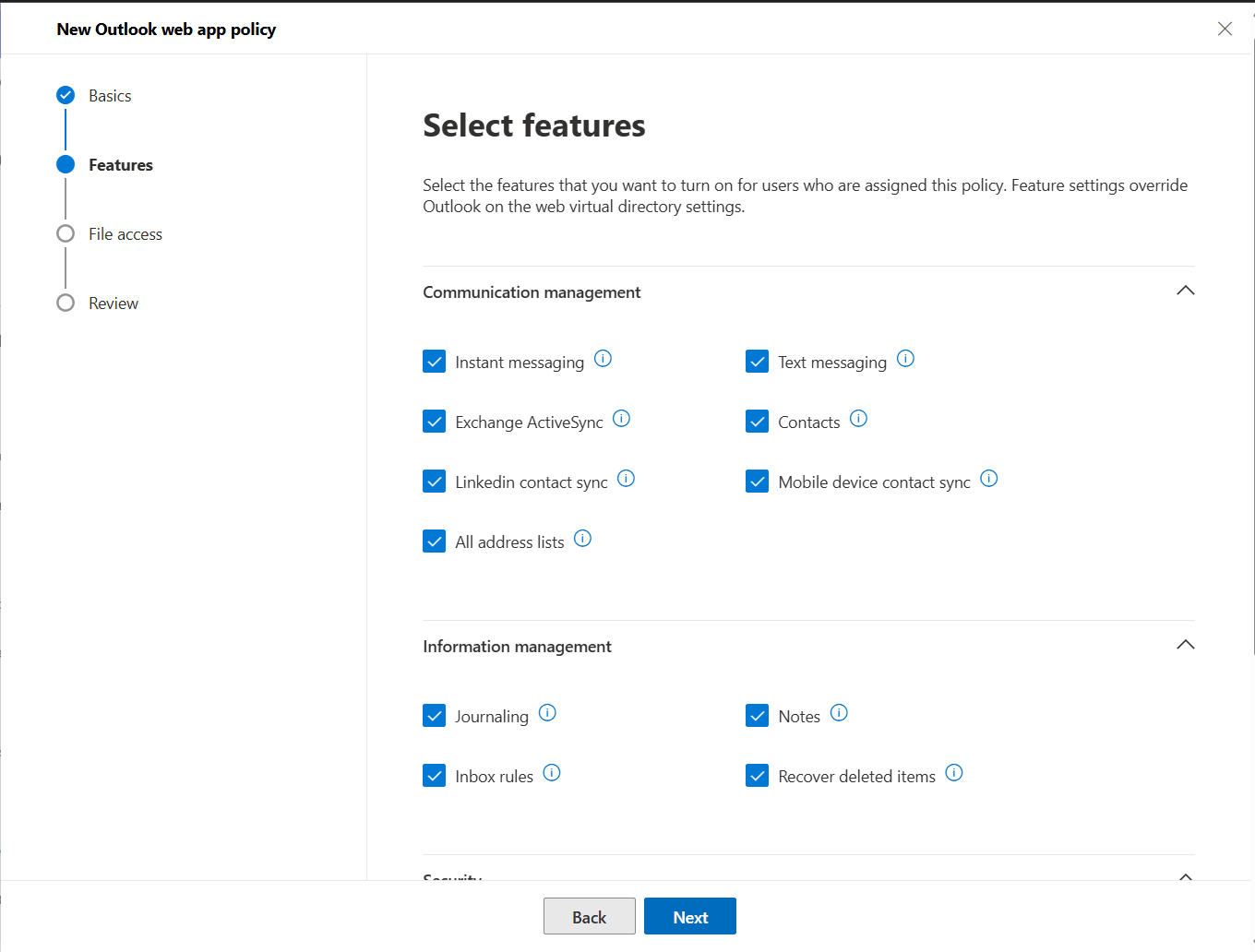 The Features section in the New Outlook web app policy page, with options to enable and disable features like Instant messaging and Contacts.
