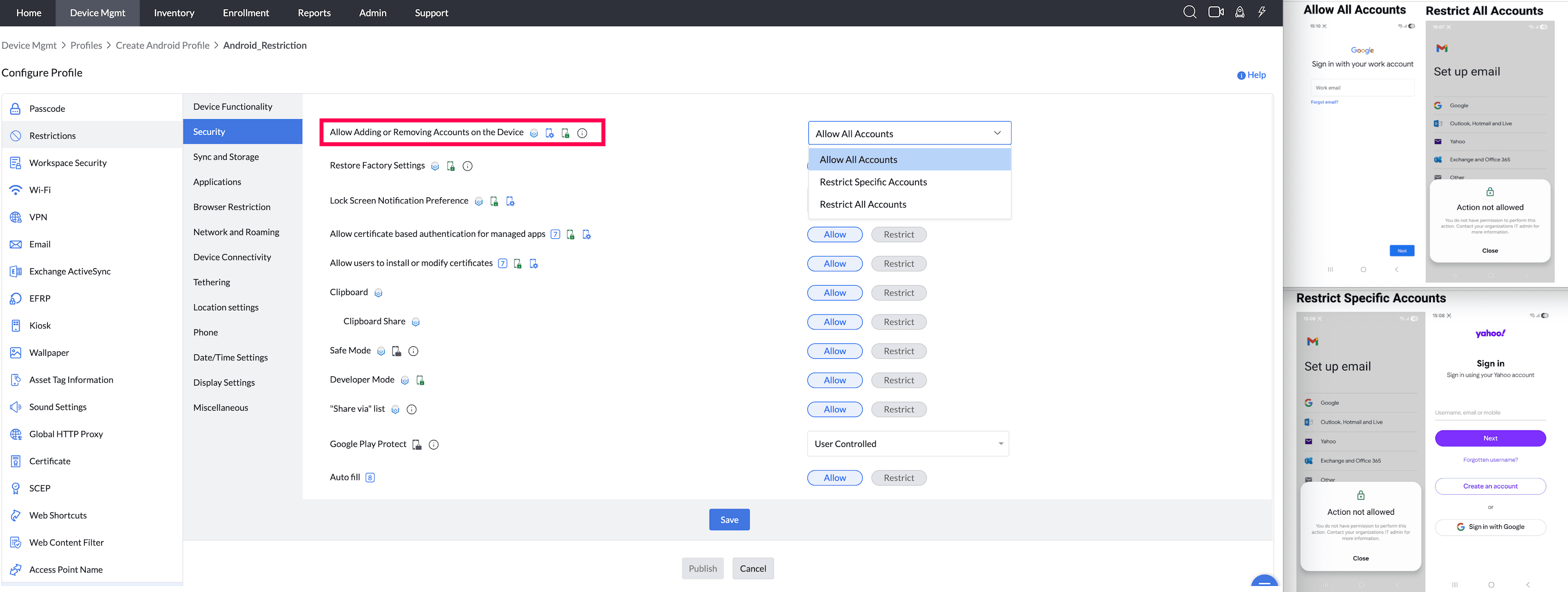 Allow Adding or Removing Accounts on the Device
