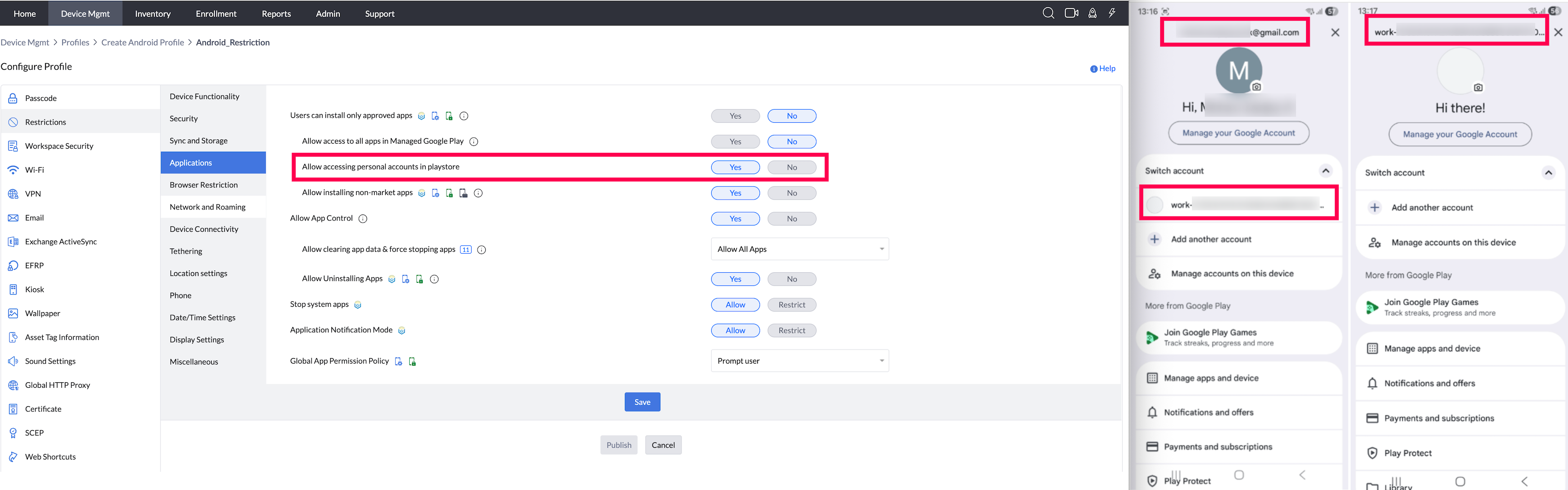 Allow accessing personal accounts in playstore