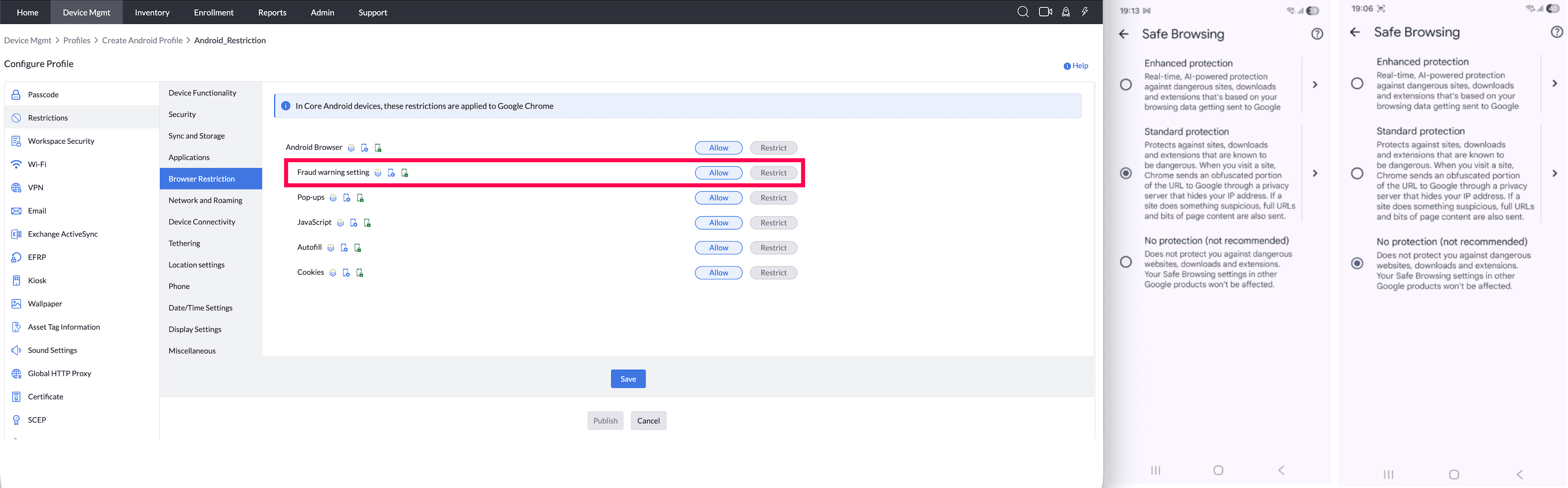 Fraud warning settings