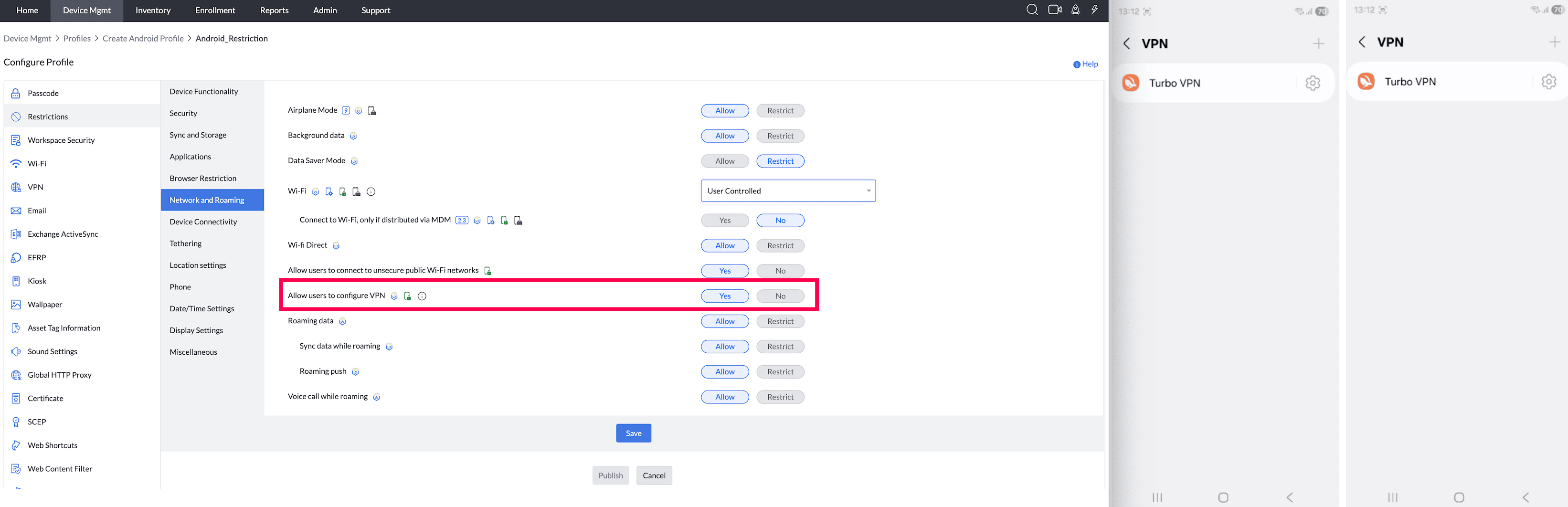 Allow users to configure VPN