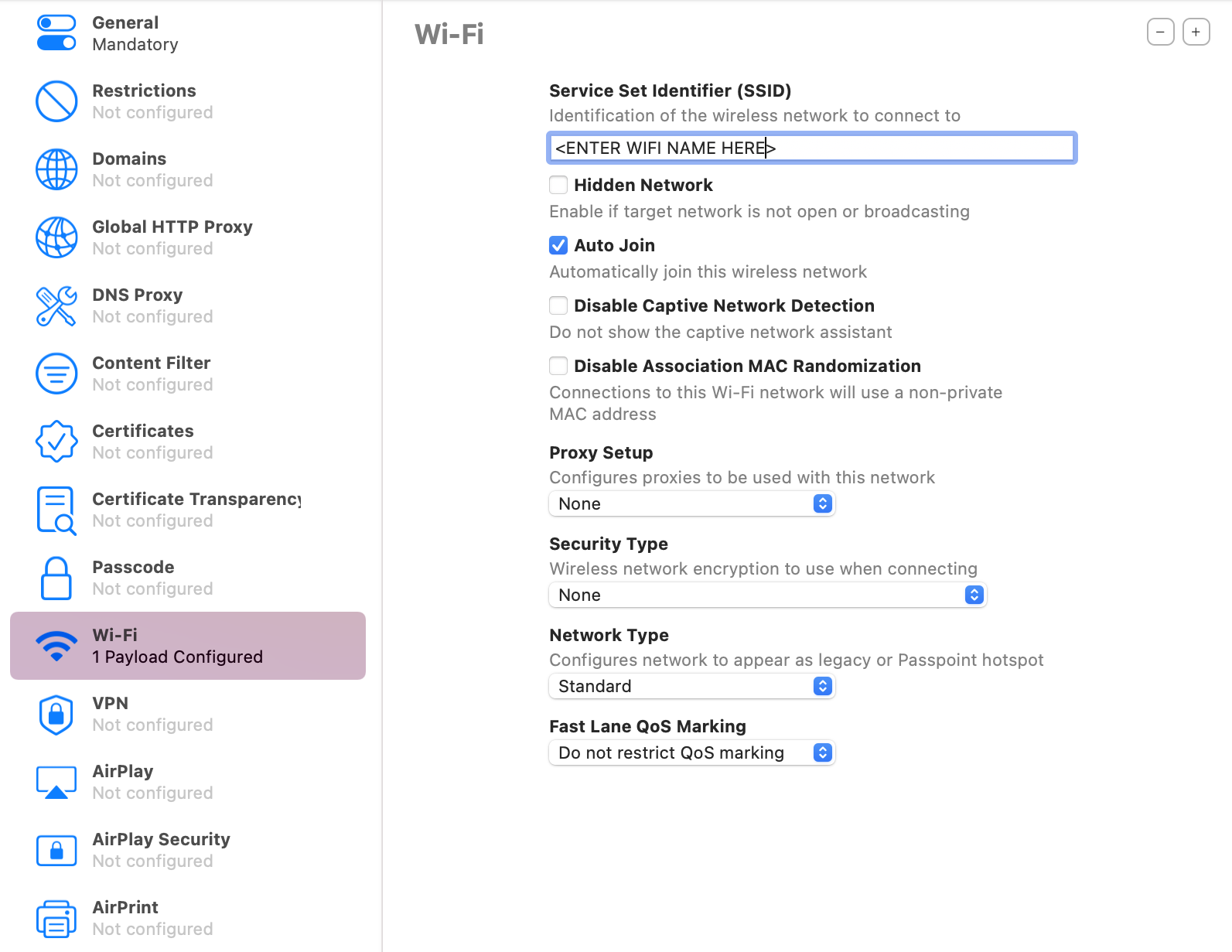 Configuring Wi-Fi Profile on Apple Configurator