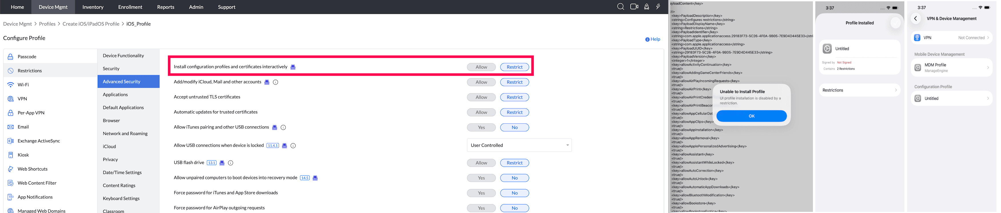 Install configuration profiles and certificates interactively