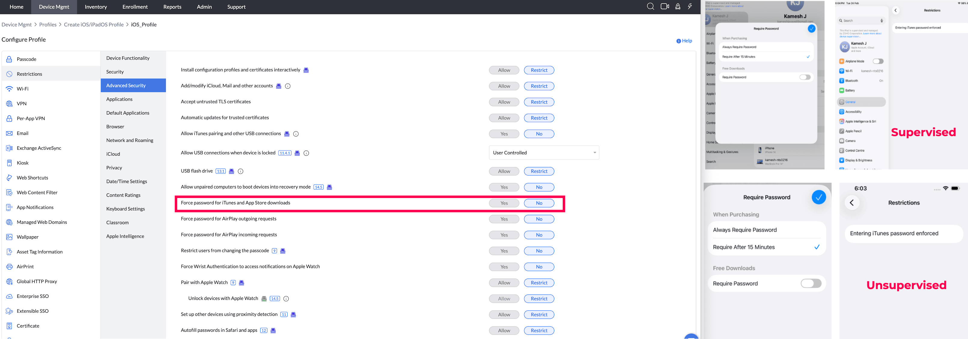 Force password for iTunes and App Store downloads: