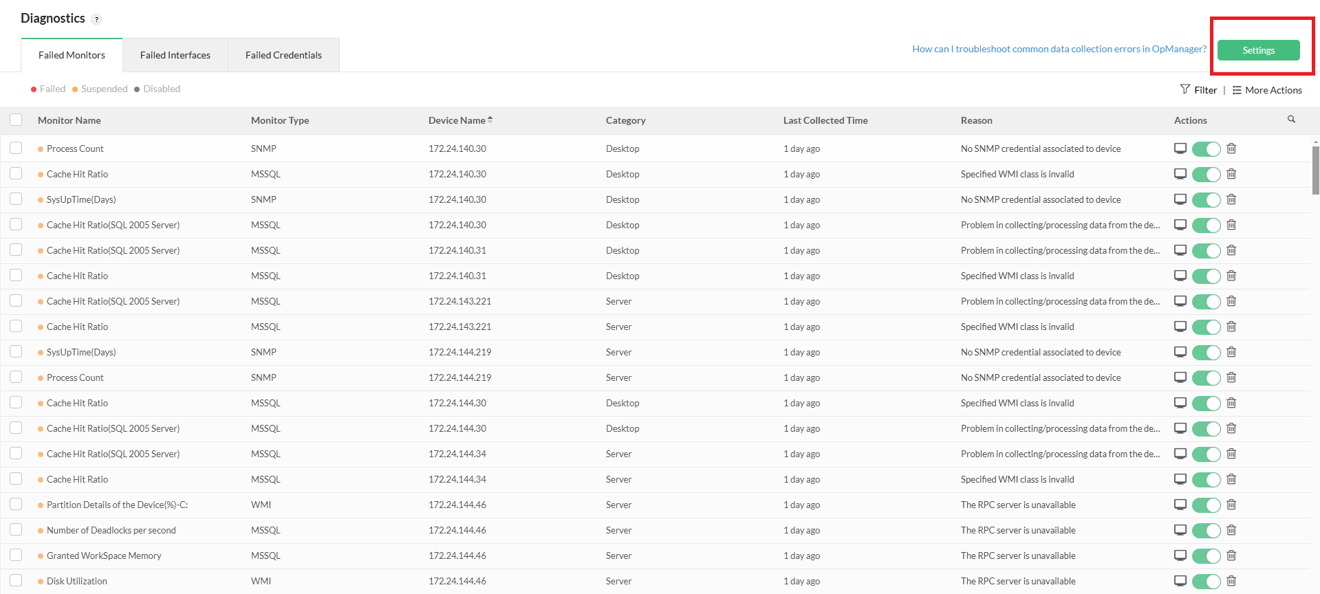 Data Collection Manager in OpManager: DCM access via settings option