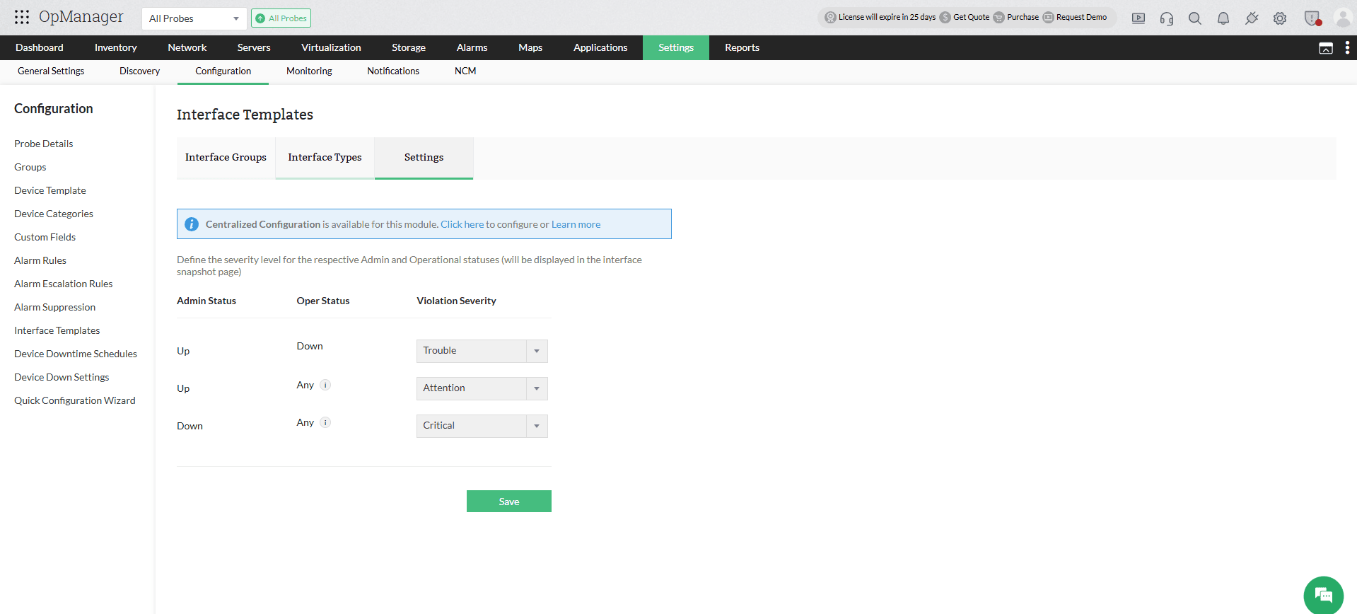 Interface templates settings