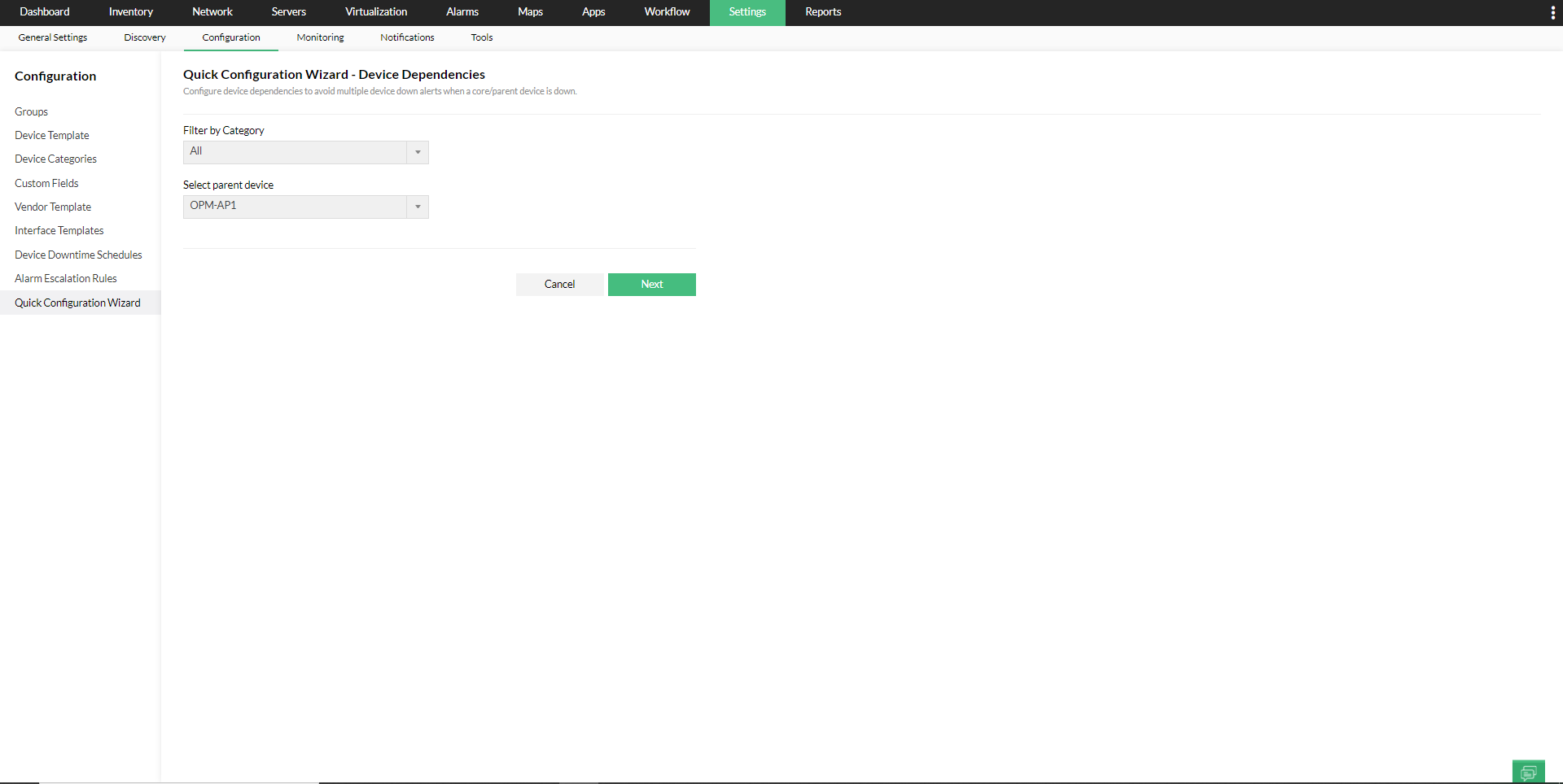 Quick Configuration Wizard in OpManager: Category filter