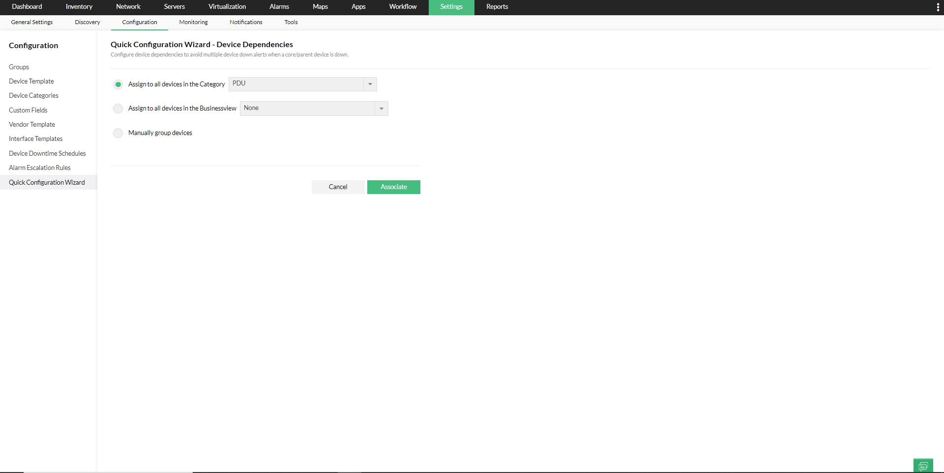 Quick Configuration Wizard in OpManager: Device selection for association