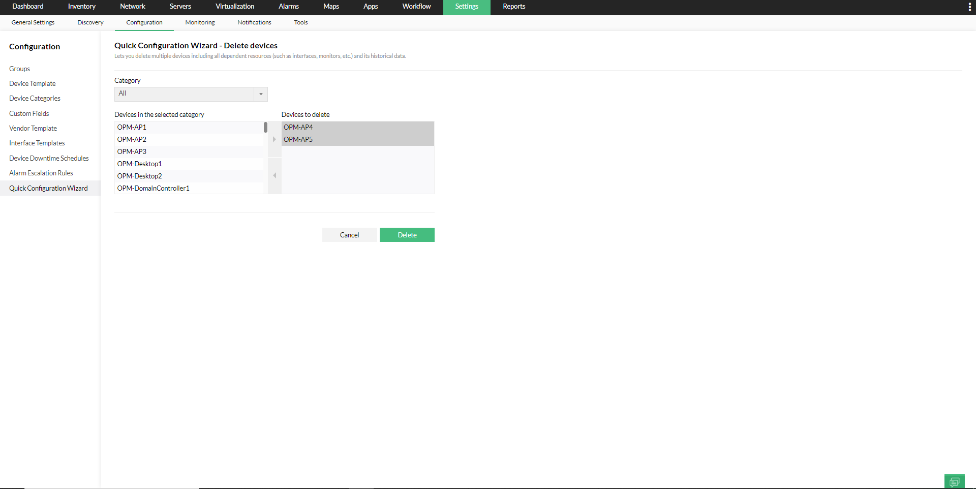 Quick Configuration Wizard in OpManager: Deleted devices list