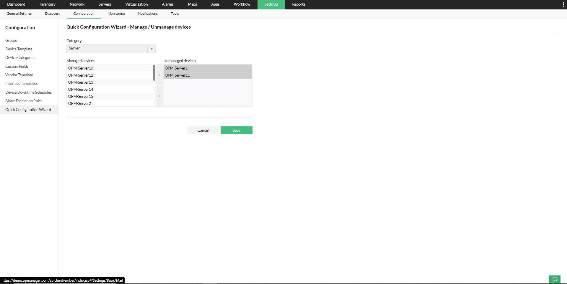 Quick Configuration Wizard in OpManager: Managed devices list