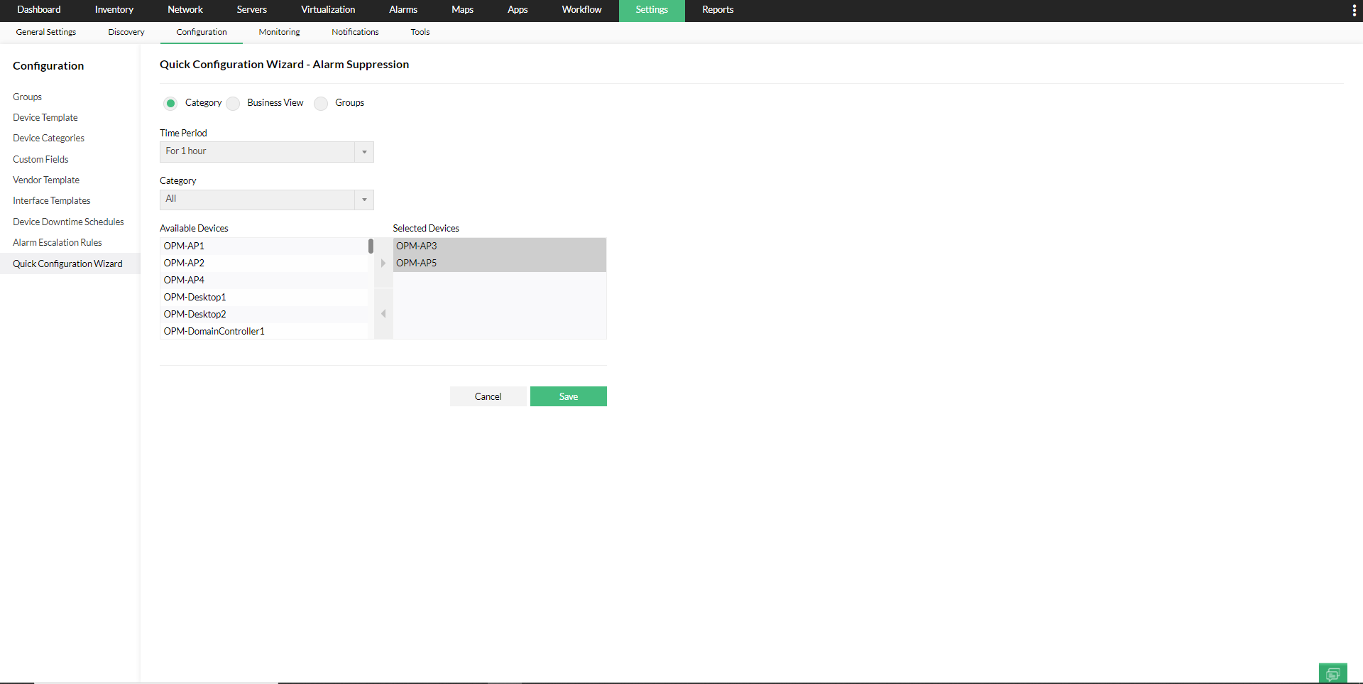 Quick Configuration Wizard in OpManager: Alarm supress time period