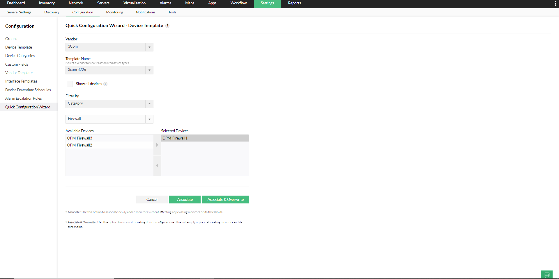 Quick Configuration Wizard in OpManager: Device template