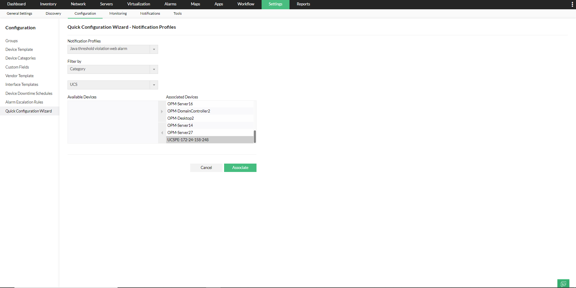 Quick Configuration Wizard in OpManager: Associate service monitors