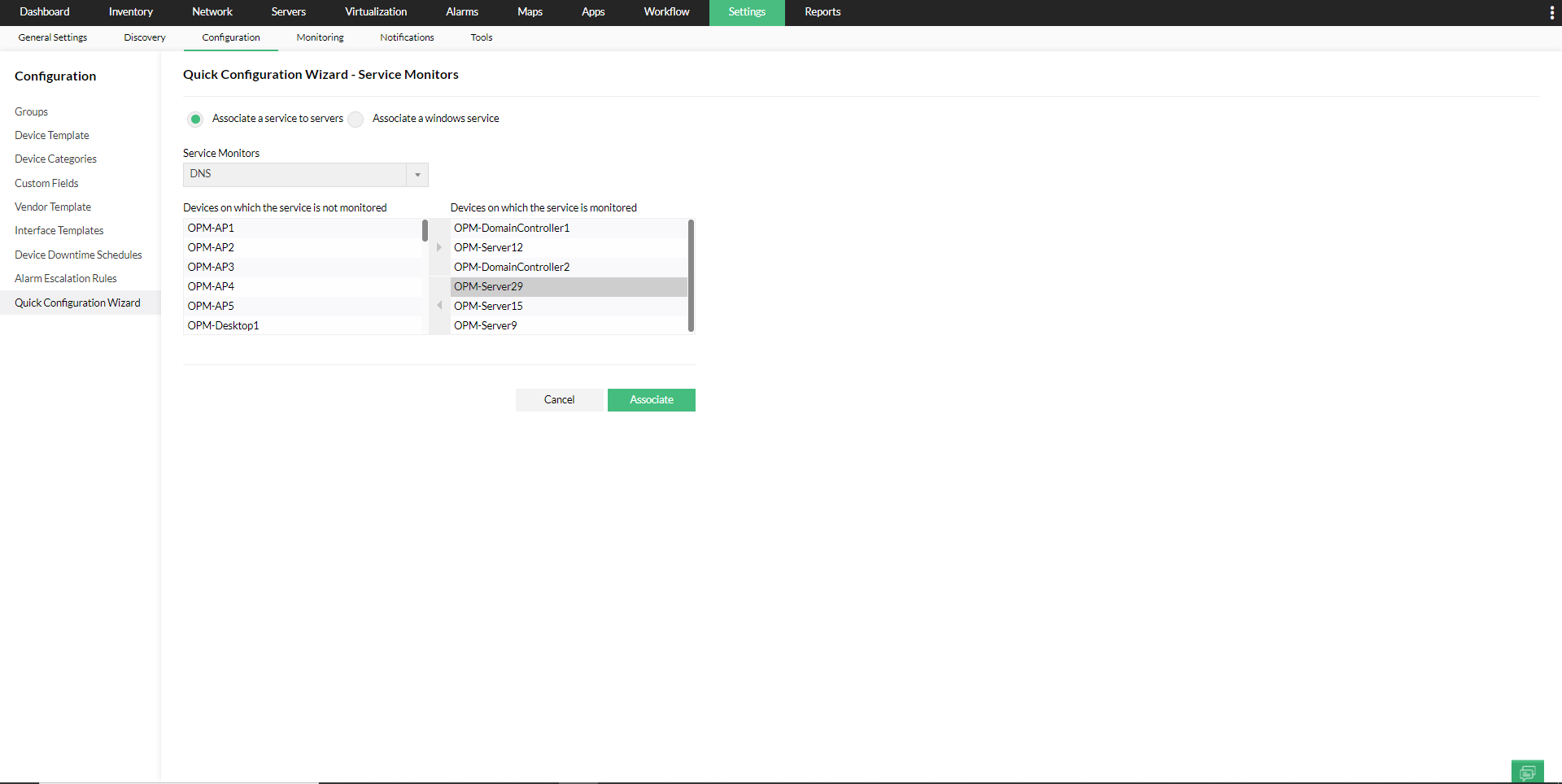 Quick Configuration Wizard in OpManager: Dissociate service monitors