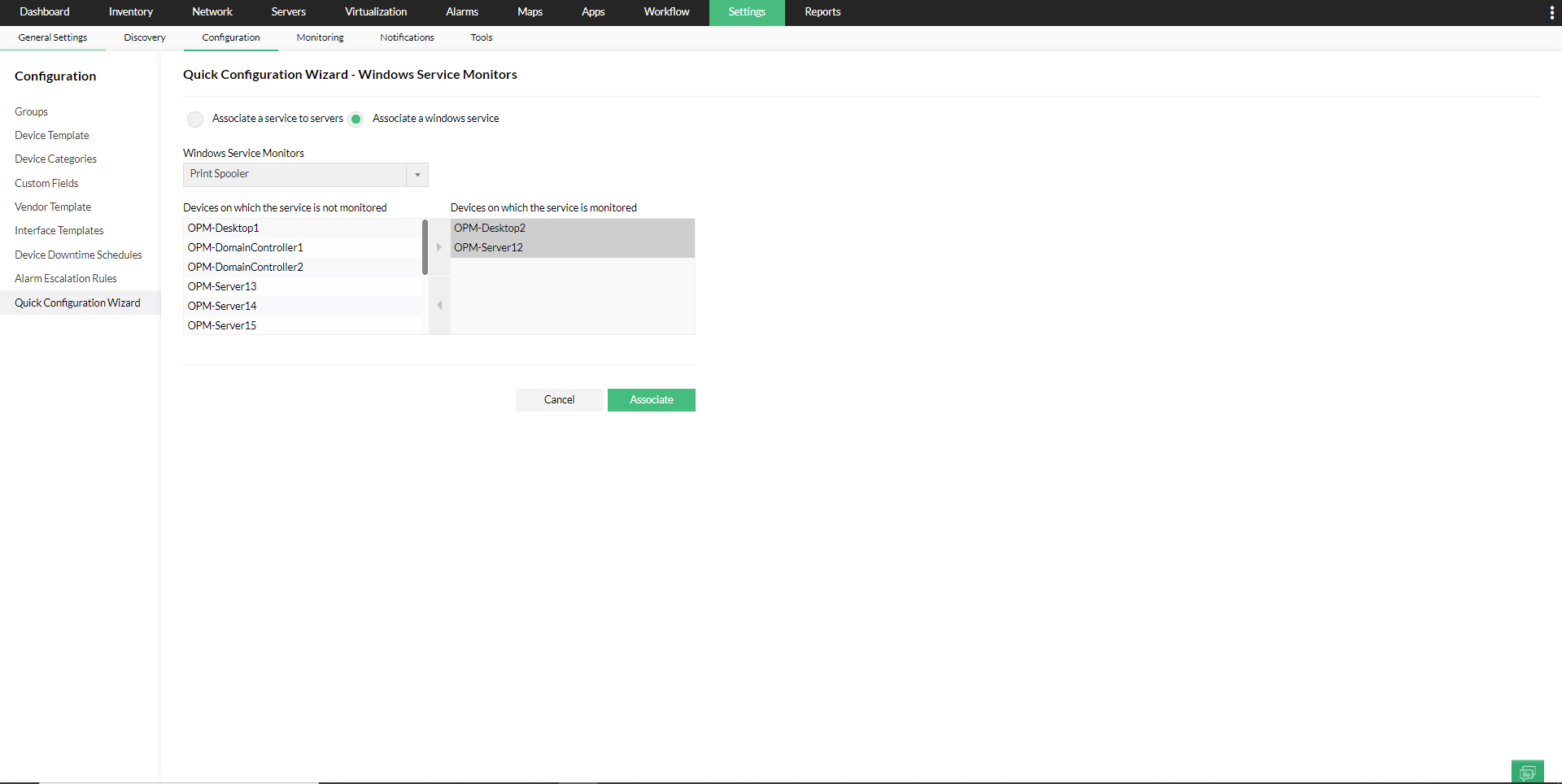 Quick Configuration Wizard in OpManager: Threshold settings page