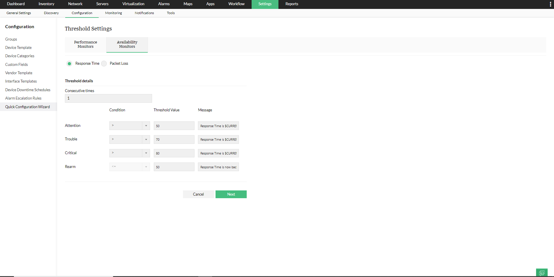 Quick Configuration Wizard in OpManager: Threshold settings application to desired devices