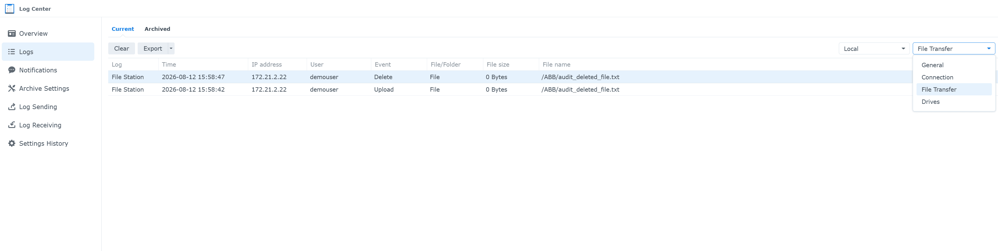 File transfer logs in Log Center