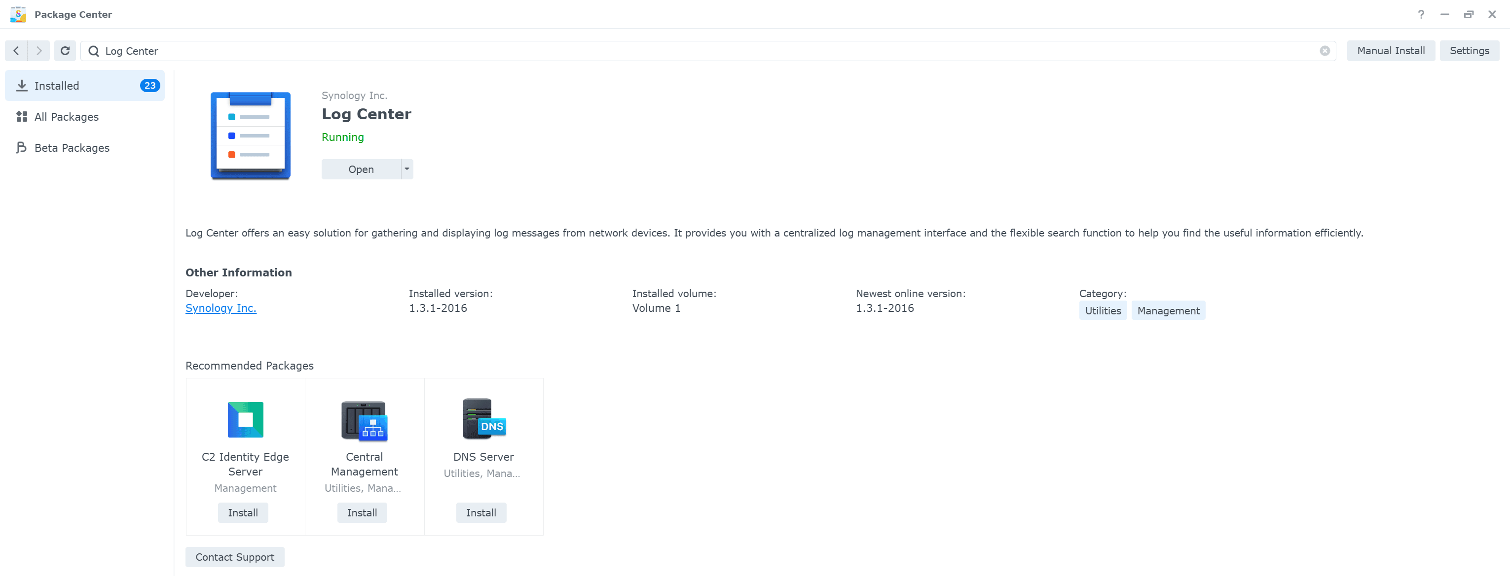 Installing Log Center in Synology NAS