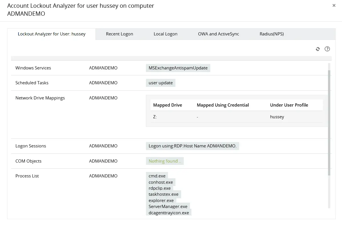 Account Lockout Analyzer showing source of lockout by analyzing multiple components, including network drive mappings, process lists, applications, and more