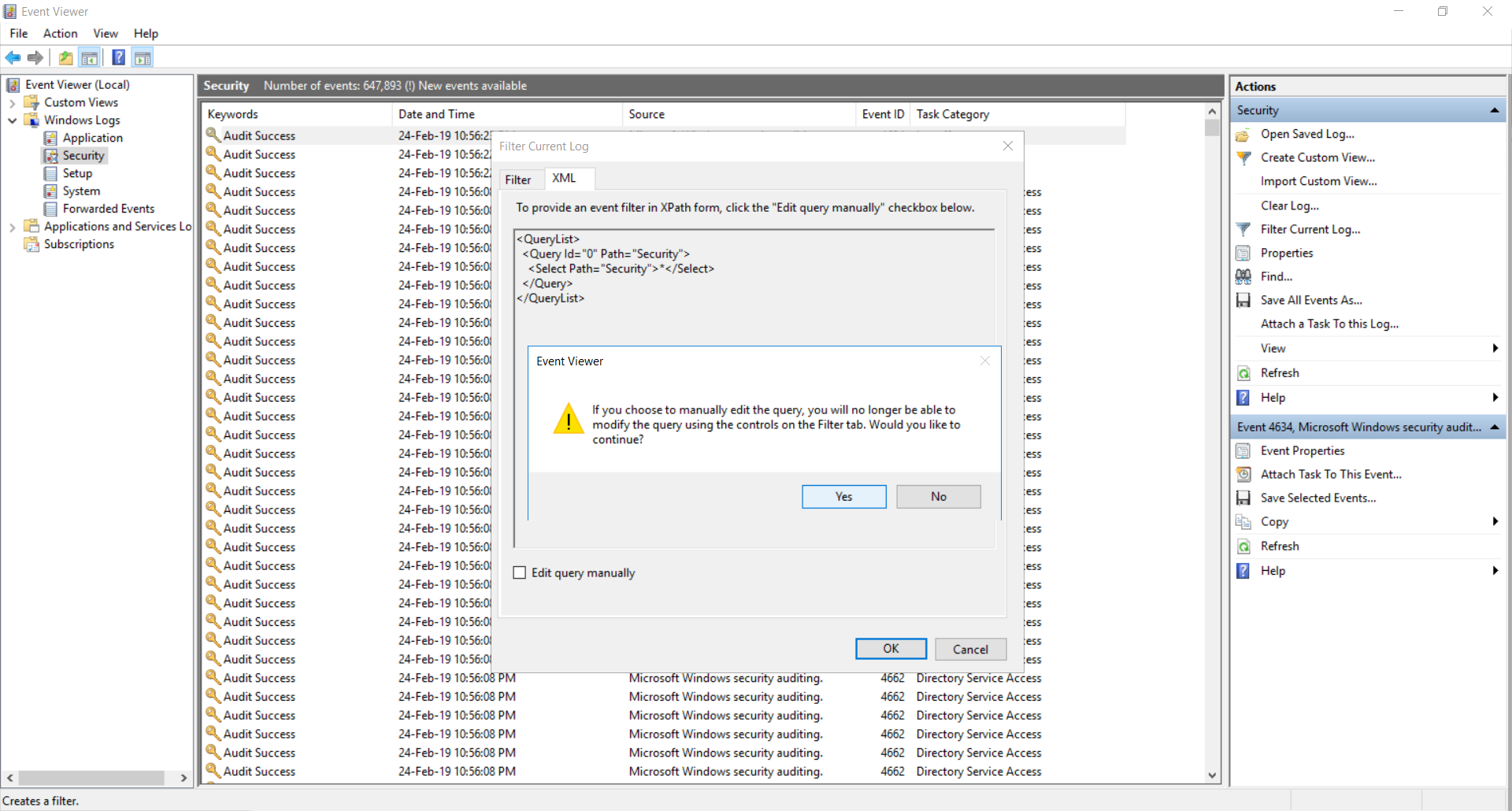 Filter security log using a custom query