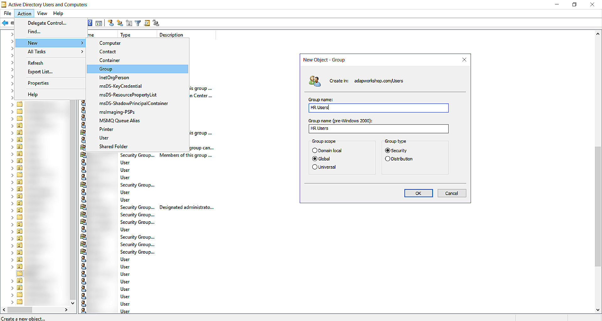 How to create a security group in AD