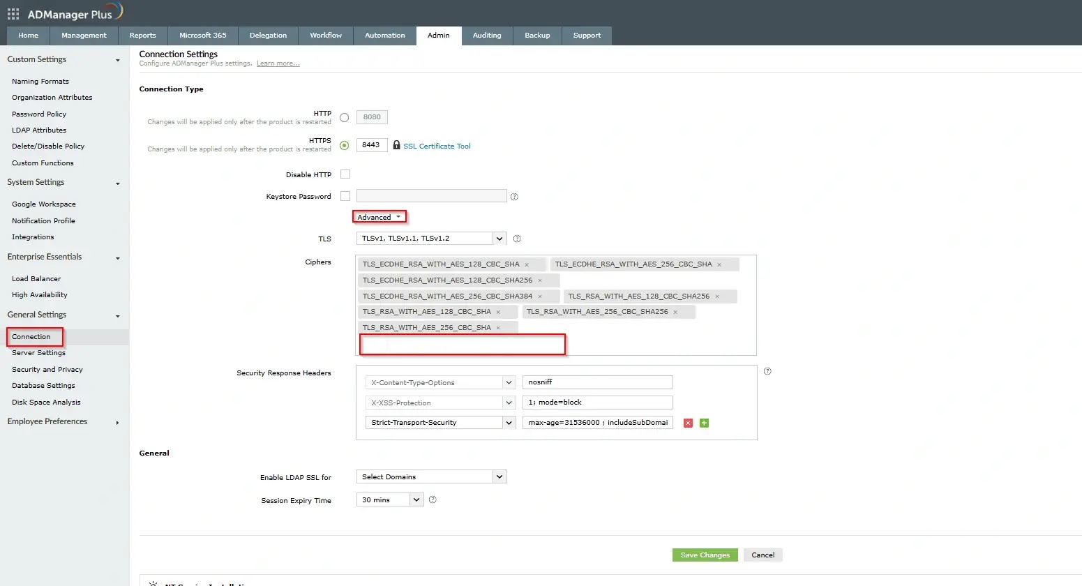 ADManager Plus Connection Settings page showing advanced HTTPS configuration with selected TLS versions and custom cipher suites.