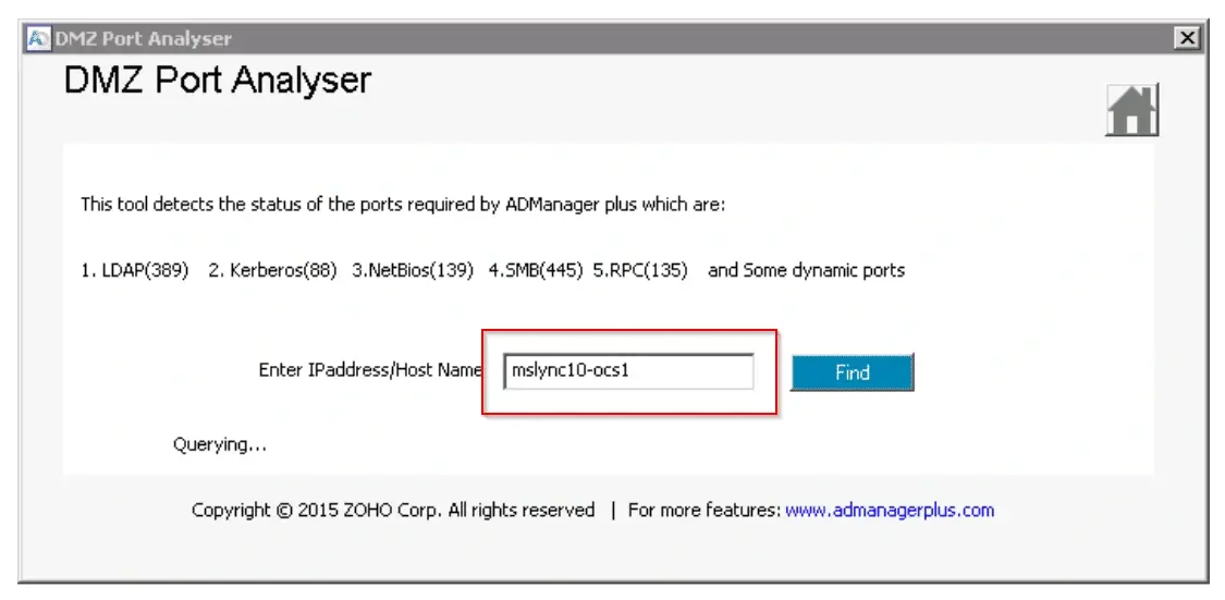 DMZ Port Analyser tool showing port status check for ADManager Plus.