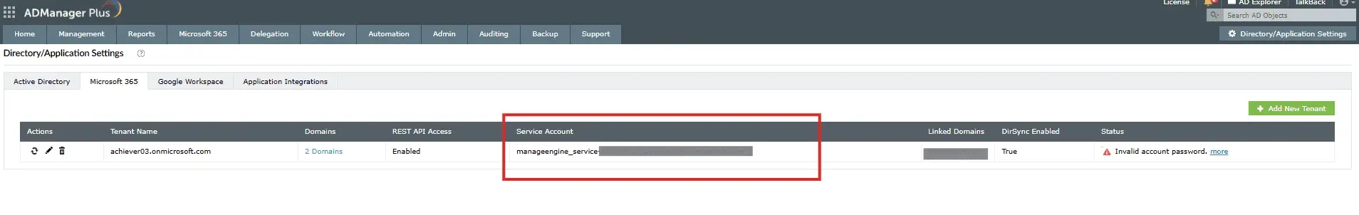 Viewing the Microsoft 365 service account configuration