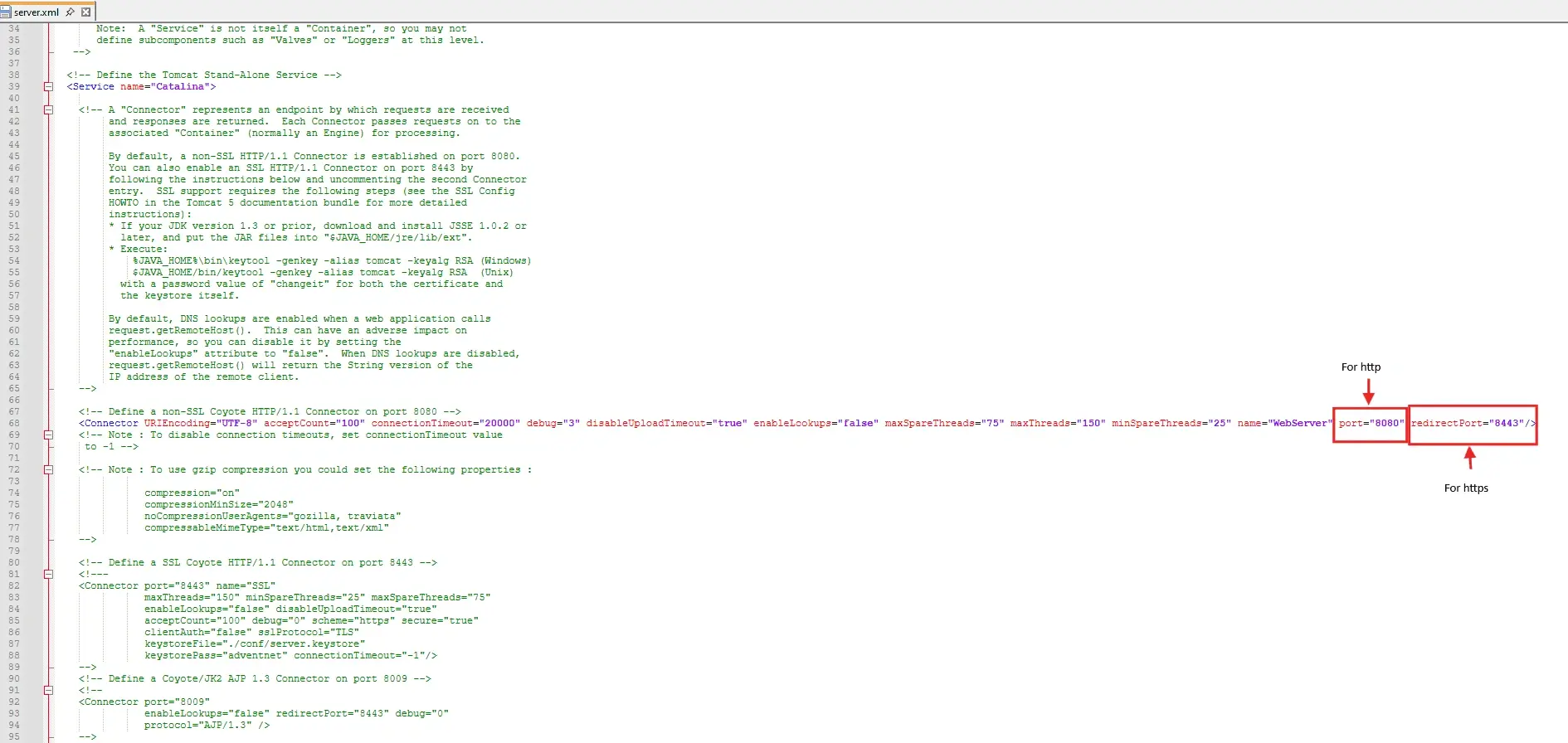 server.xml with port 8080 and redirectPort
                                8443
                                highlighted.