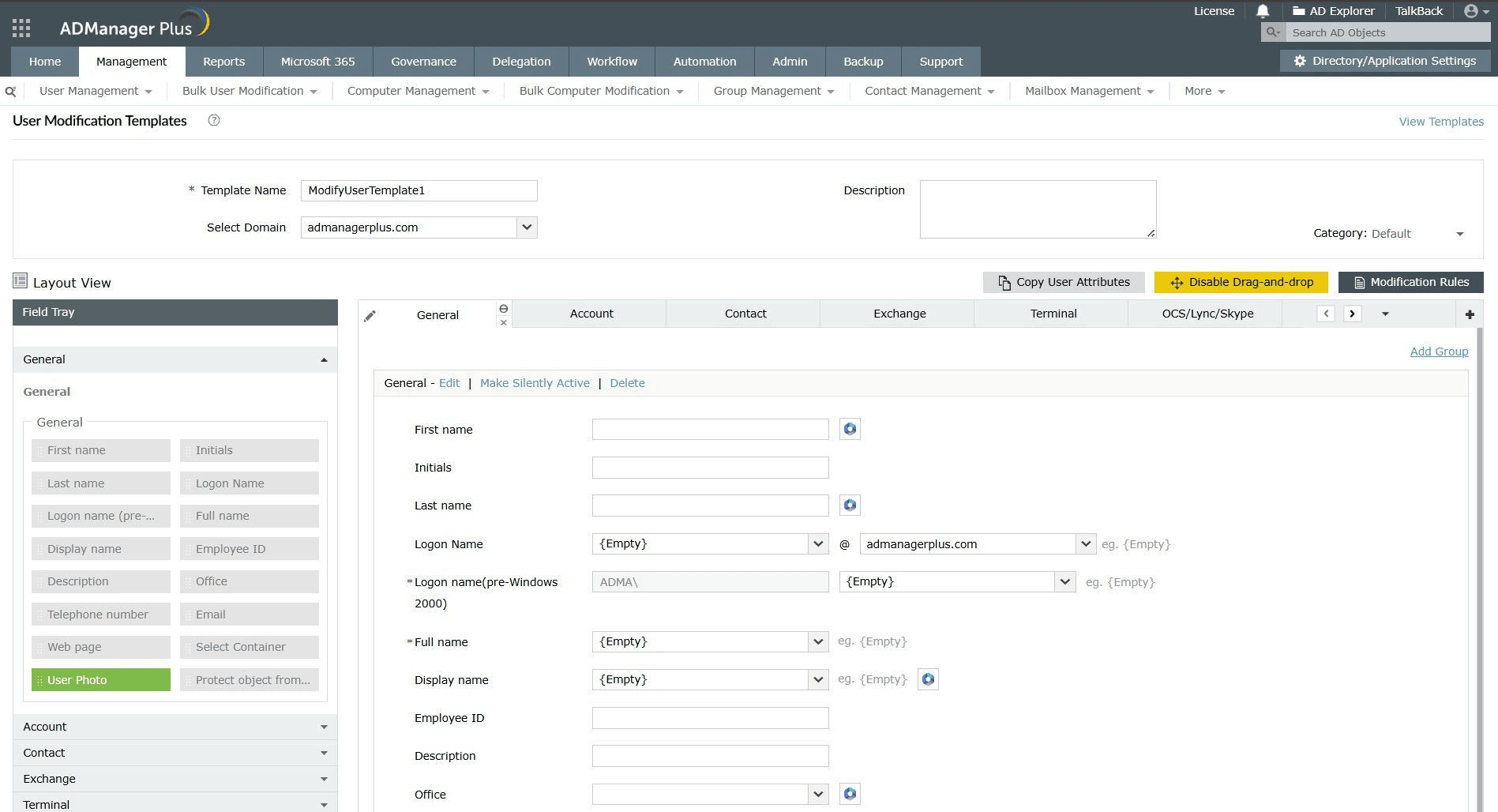 How to update an AD account using drag-n-drop customisation of modification template