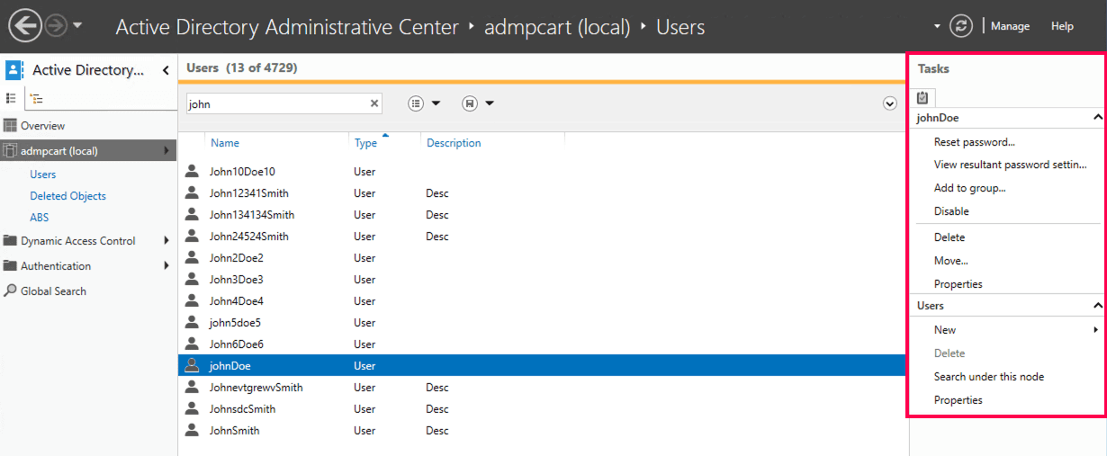 Managing users and groups in Active Directory Administrative Center