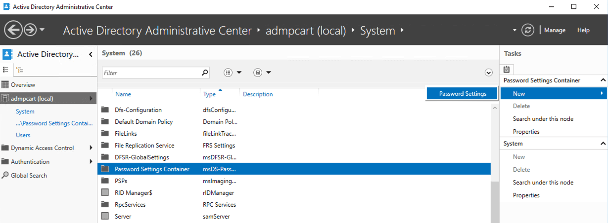 Configuring fine-grained password policies in Active Directory Administrative Center