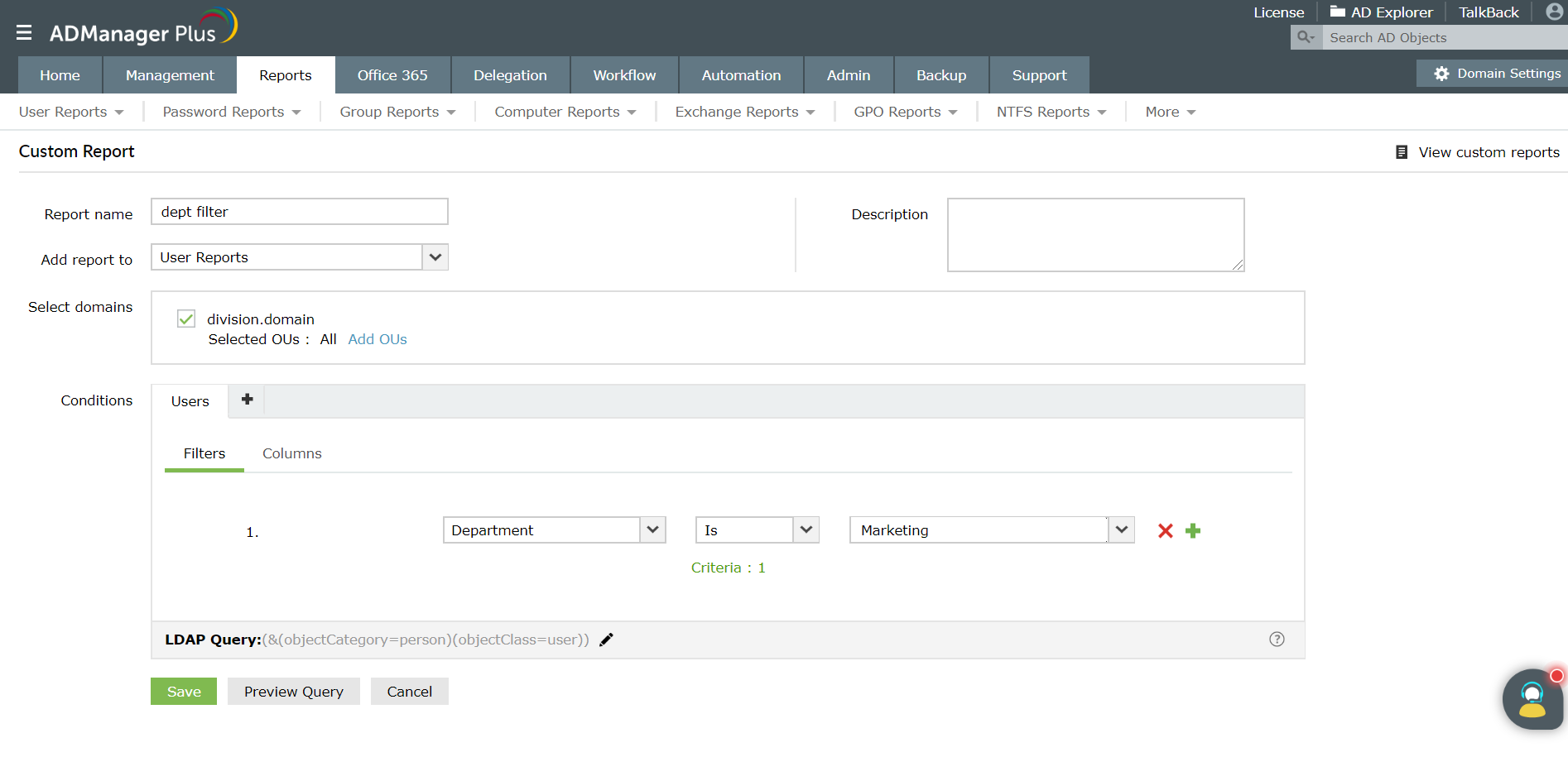  Screenshot of custom reports in ADManager Plus filtering AD users by departments