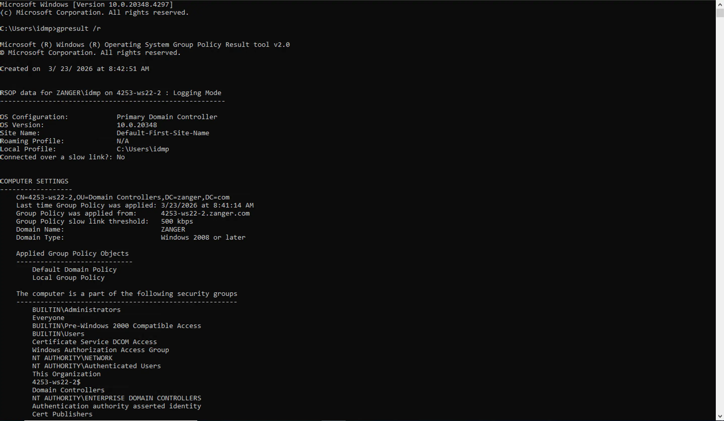 gpresult /r output on a DC showing applied GPOs and security groups