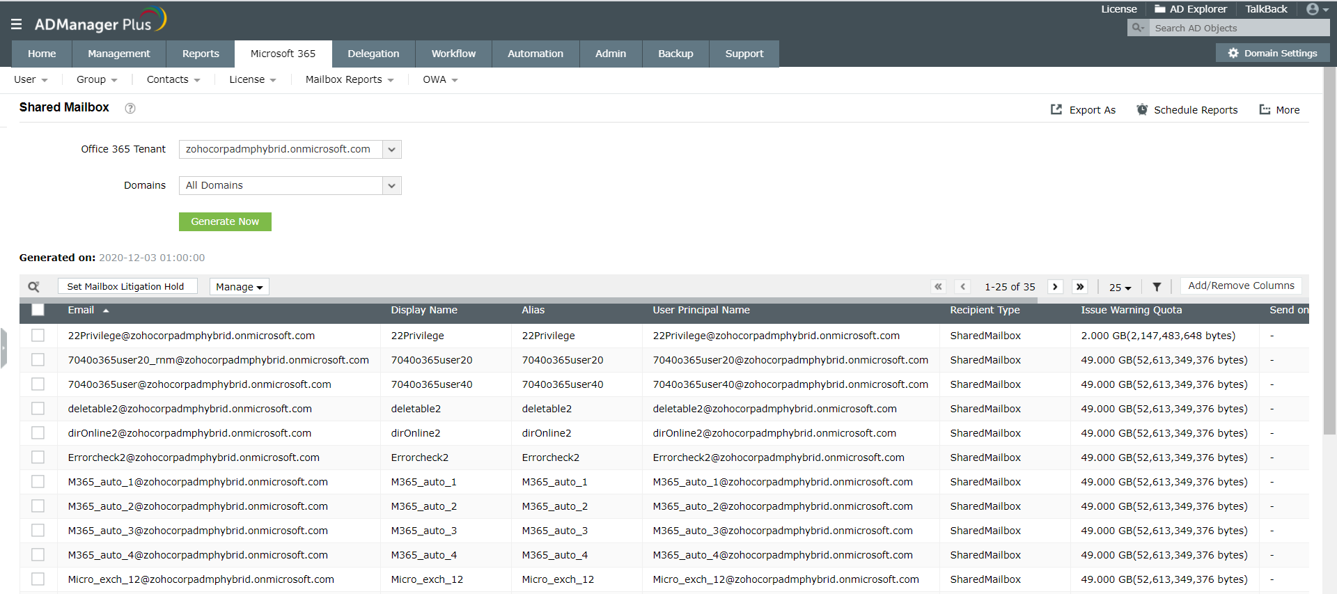 Microsoft 365 shared mailbox reports using ADManager Plus