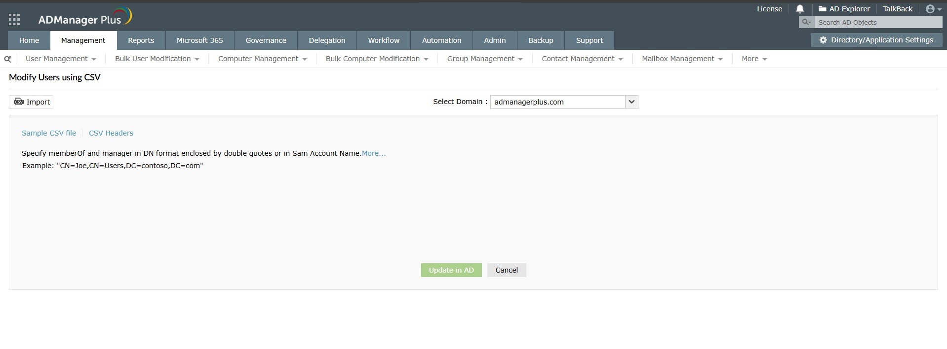 How to modify bulk users in Active Directory through CSV import using ADManager Plus