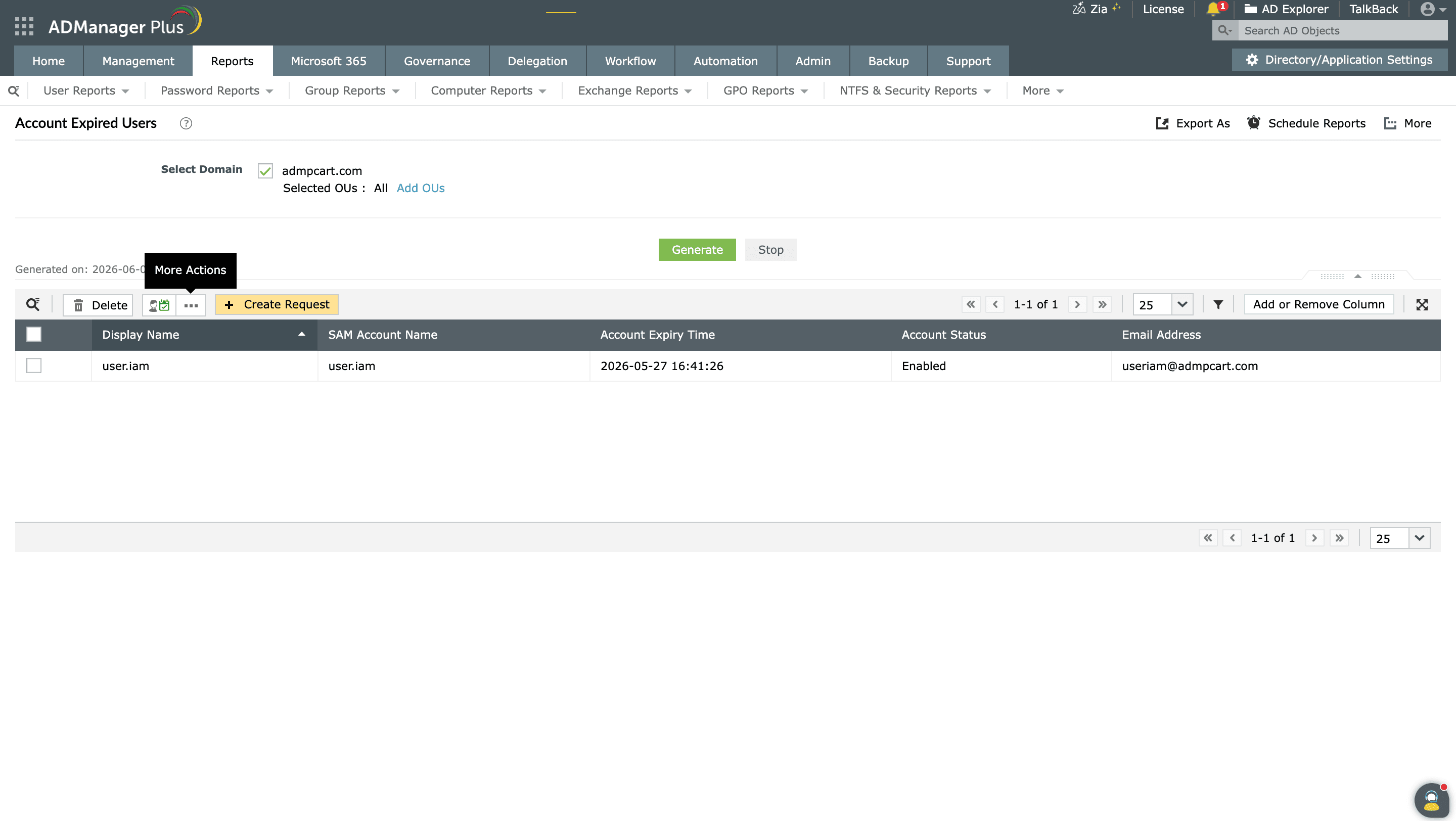 Accessing additional actions for users in the Account Expired Users report 